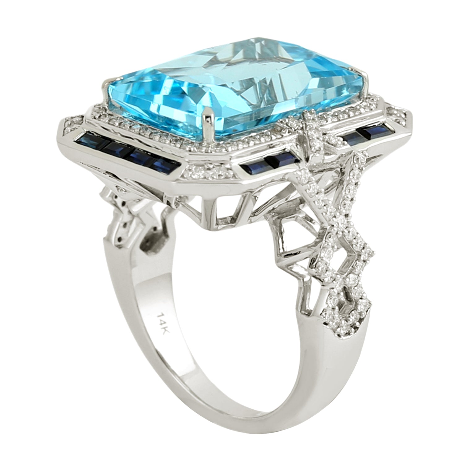 Blue Topaz & Sapphire Baguette Cut Diamond Engagement Ring in 14K White Gold – Perfect for Proposals, Weddings & Anniversary Gifts