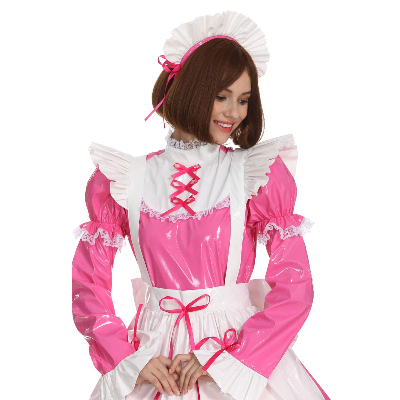 Sexy French Maid Costume for Women - Gothic Lace Bow & PVC Lockable Dress, Long or Short Sleeves | Halloween Cosplay, Bachelorette Party, Role Play Outfit