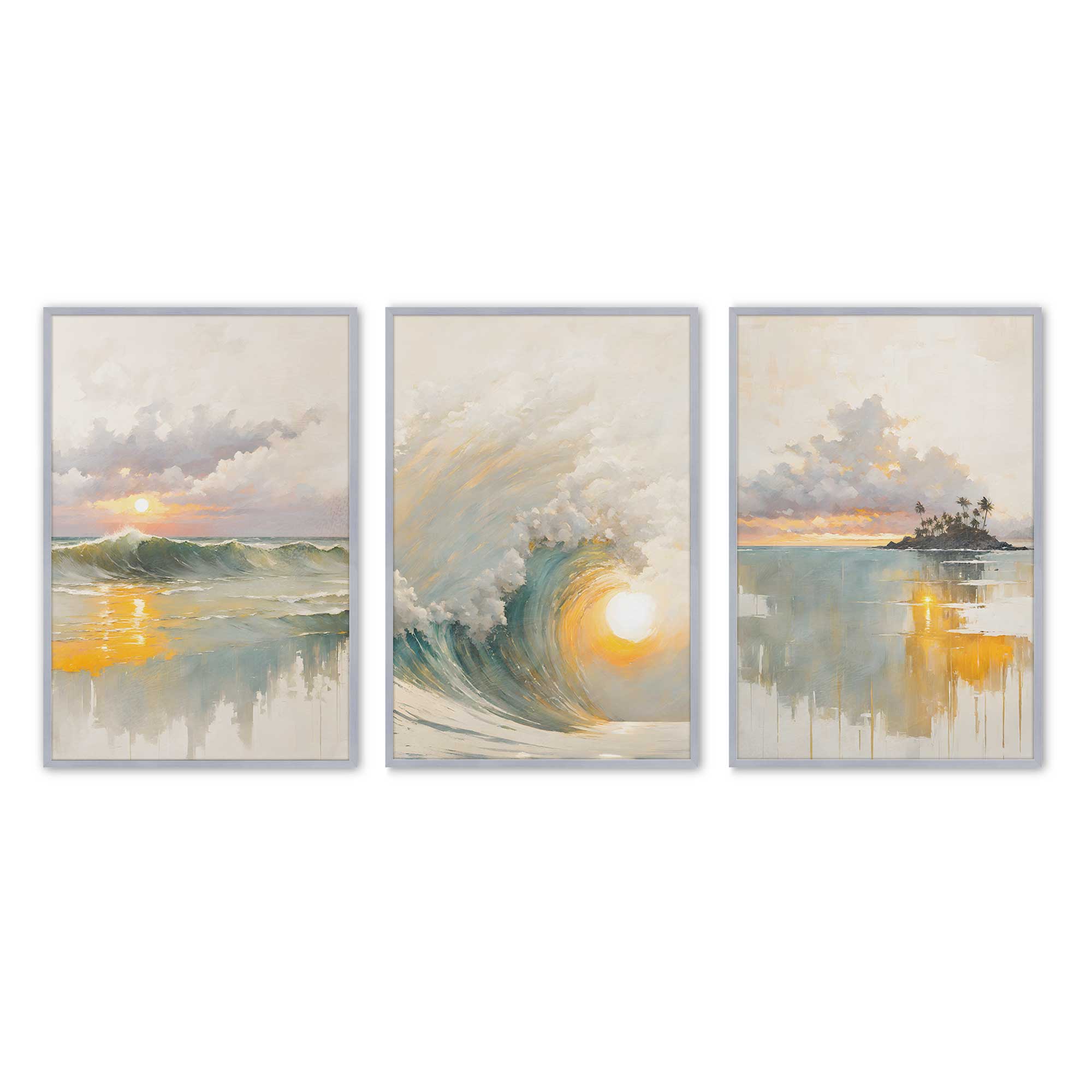 Golden Waves at Sunset - Set of 3 Framed Ocean Wall Art Prints for Beach House Decor, Living Room, Bedroom & Office