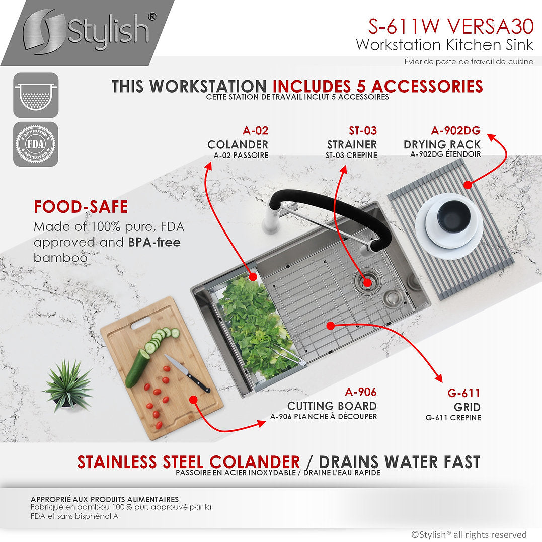 VERSA30 S 611W 30-Inch Undermount Stainless Steel Kitchen Sink - Single Bowl Workstation with Drainboard & Accessories - Perfect for Modern Kitchens, Restaurants & Food Prep Areas