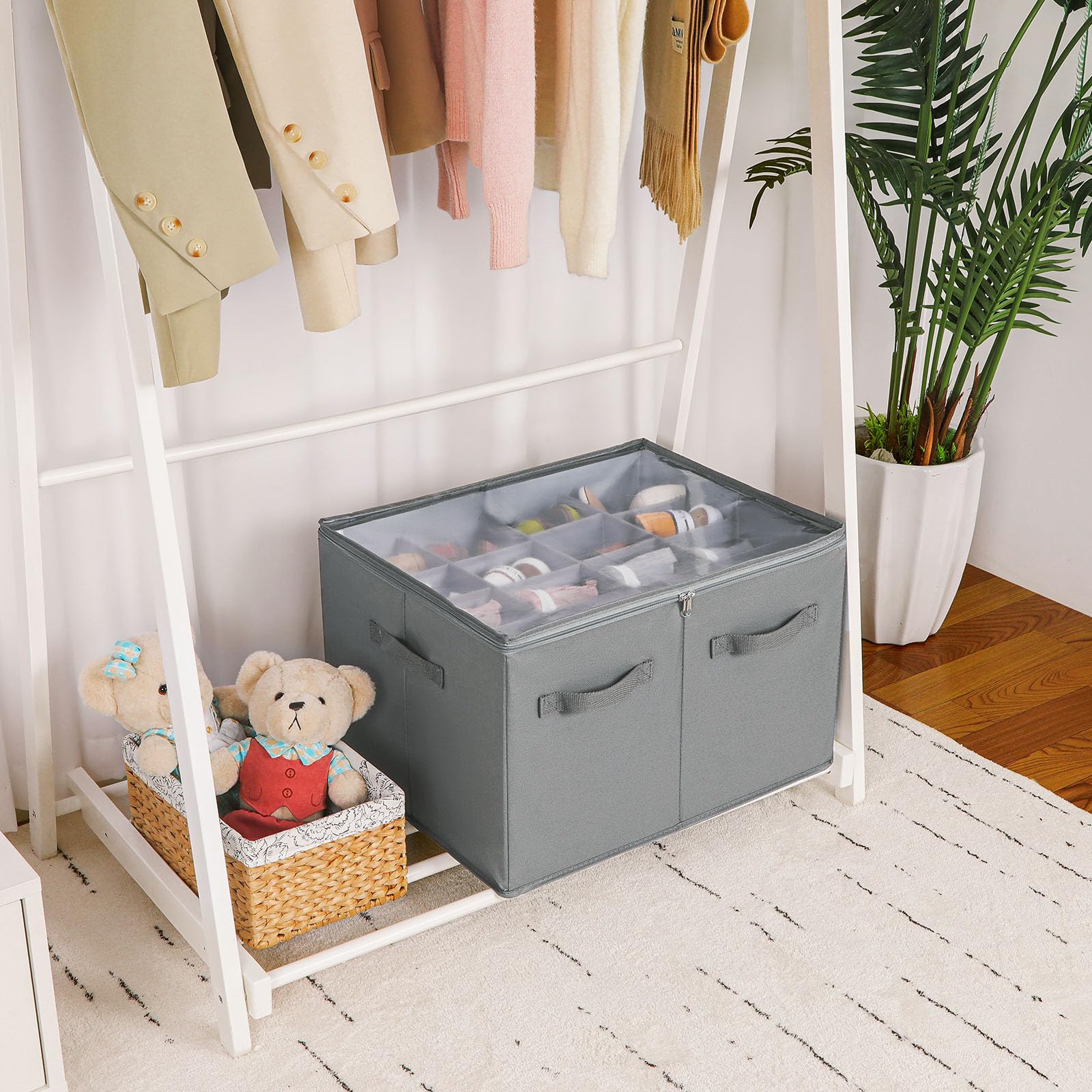 Foldable Shoe Organizer for Closet - Adjustable Dividers & Clear Cover Storage Box | Space Saving Shoe Cabinet with Reinforced Handles (Fits 16 Pairs, Gray) | Perfect for Bedroom, Entryway & Dorm Organization (Model TP09G)