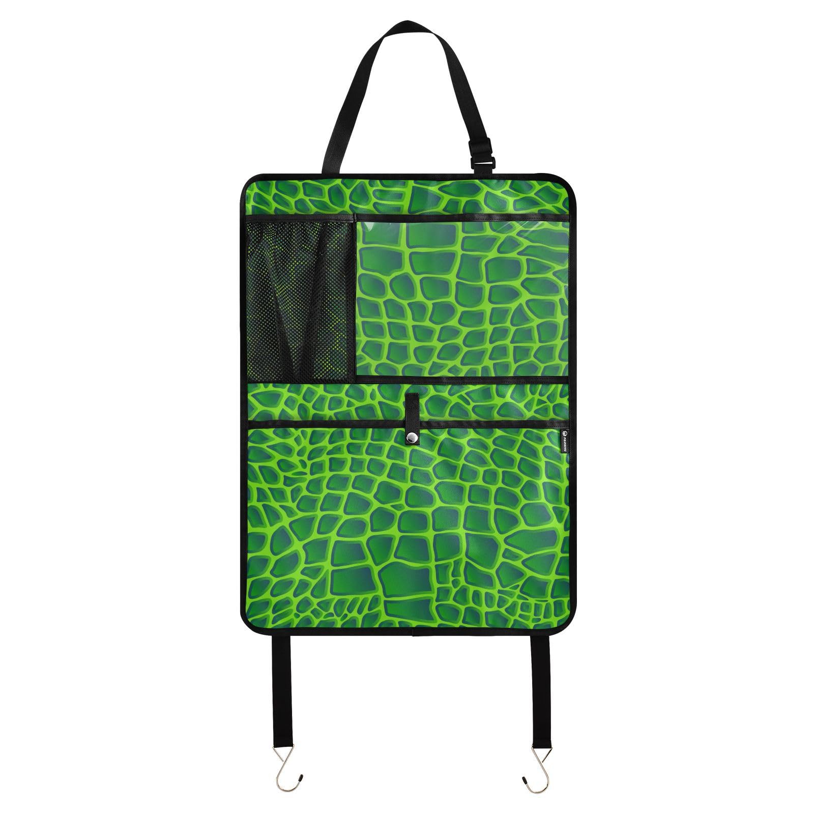 Aflyko Alligator Skin Green Car Seat Back Organizer with Pockets - Kick Mat & Backseat Protector for Vehicles, 1 Pack - Perfect for Road Trips, Travel Accessories & Automobile Seat Cover Protection
