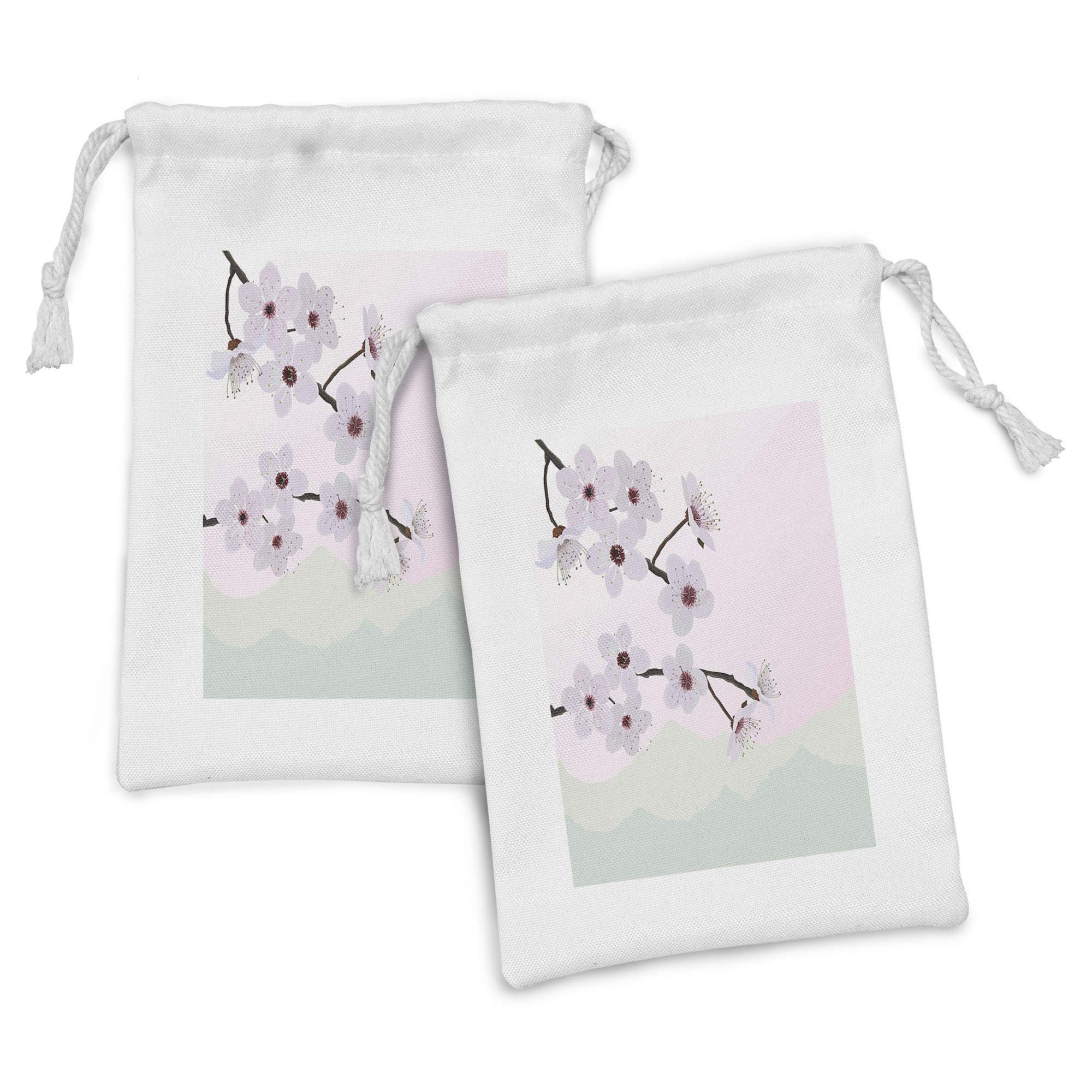Ambesonne Almond Blossom Fabric Pouch Set of 2 - Pink Floral Drawstring Bags for Toiletries, Jewelry & Travel Essentials (9