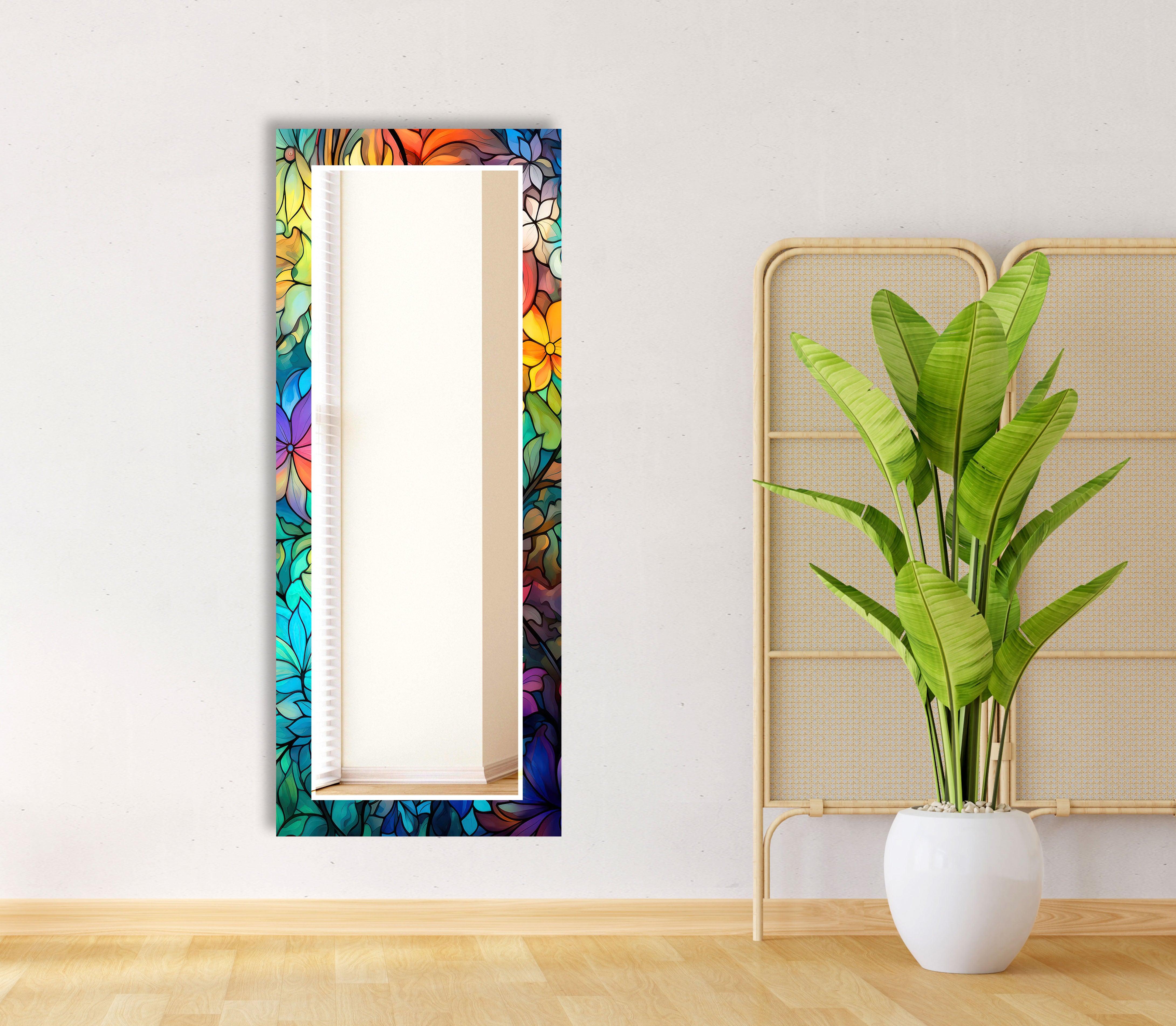 Blue & Orange Stained Glass Wall Mirror with Leaf Design - Elegant Home Decor for Living Room, Bedroom, or Entryway