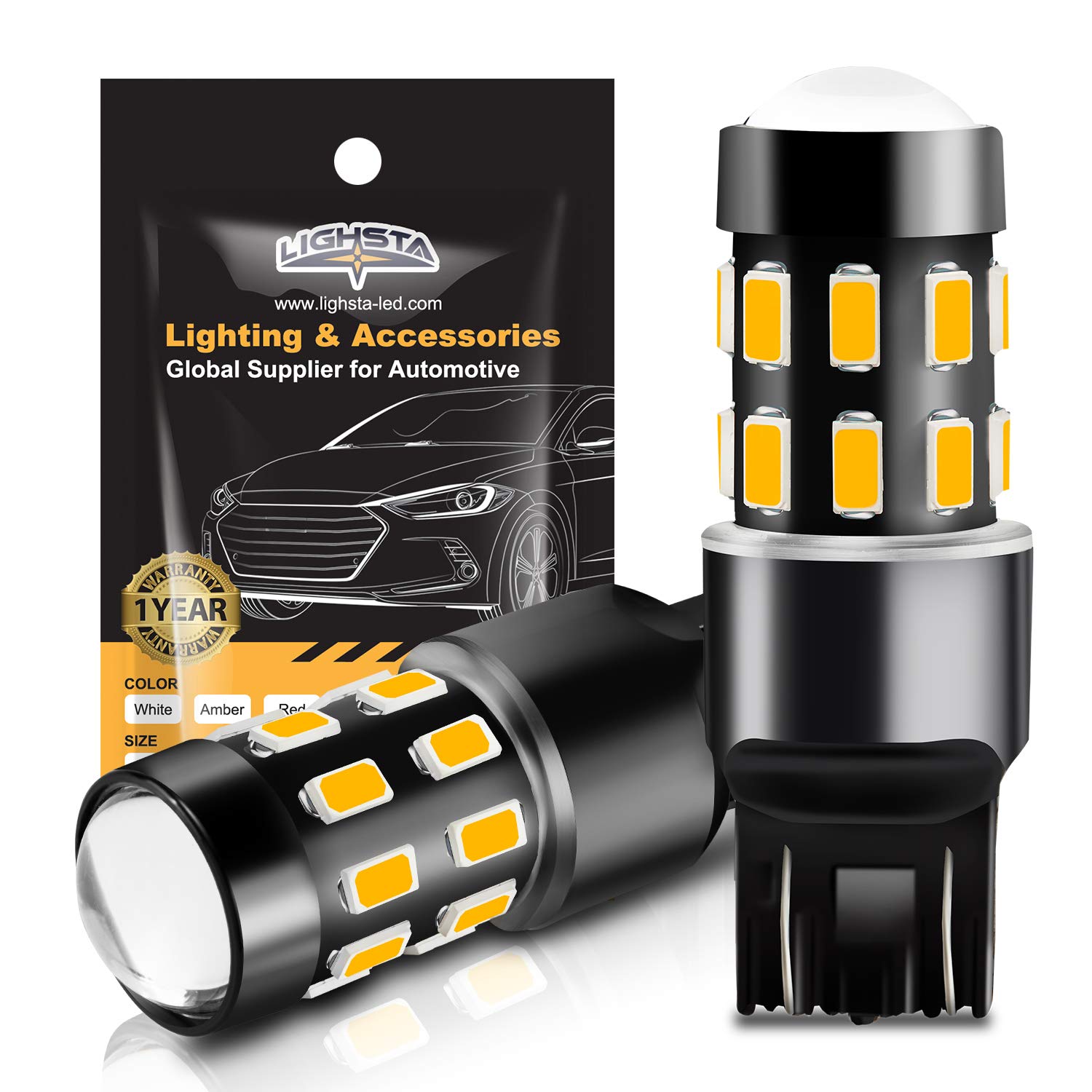 7443 LED Bulbs - Super Bright 24-SMD 9-30V Non-Polarity 7440 7441 7444 T20 992 W21W LED Bulbs with Projector - Amber Yellow Turn Signal & Side Marker Lights - Pack of 2 - Perfect for Cars, Trucks, SUVs & Motorcycles