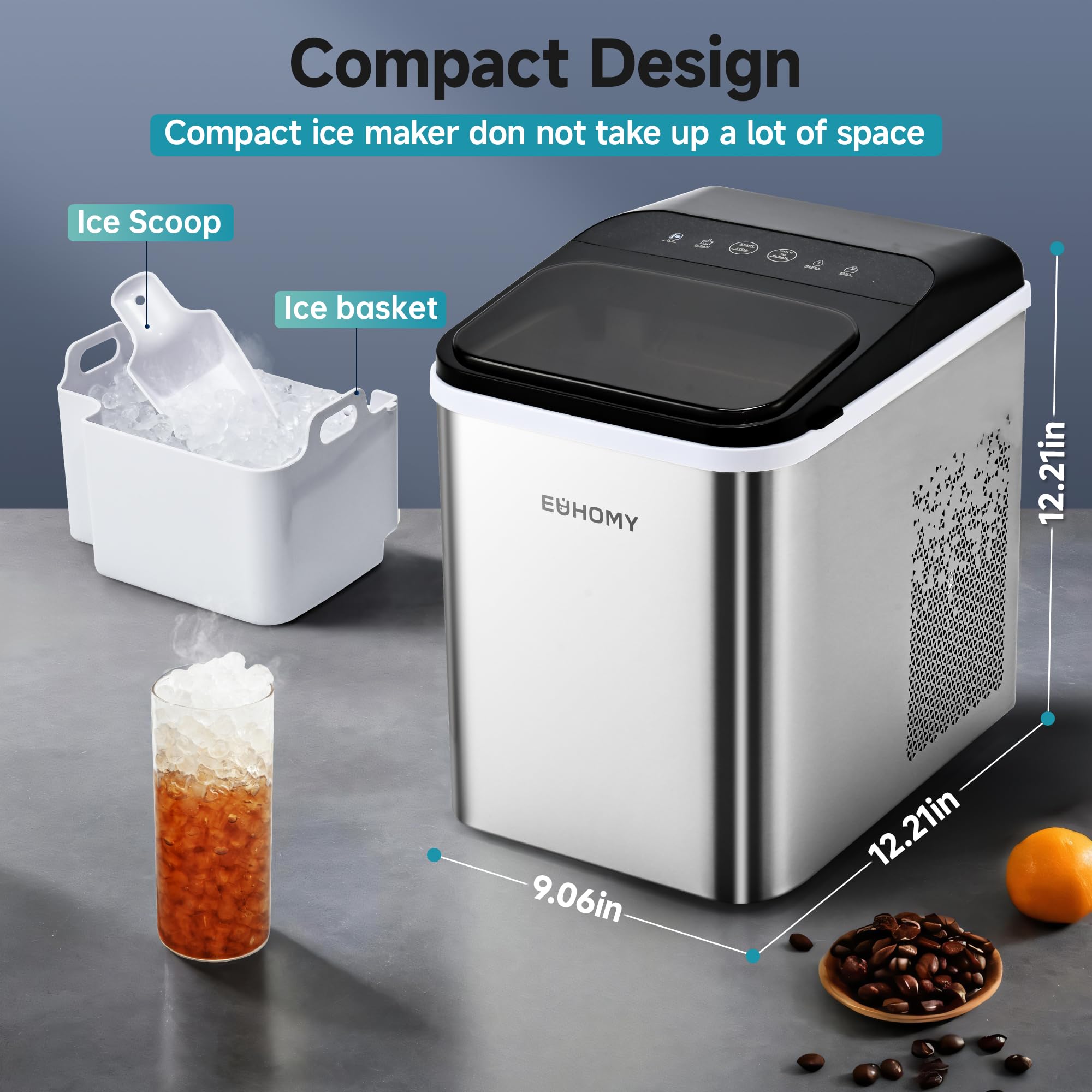 EUHOMY Countertop Nugget Ice Maker - 35lbs/24H, 8-Minute Fast Ice Production, Self-Cleaning Portable Ice Machine with Scoop & Basket - Chewable Pellet Ice for Home, Office, Parties, RV, Camping & Outdoor Adventures
