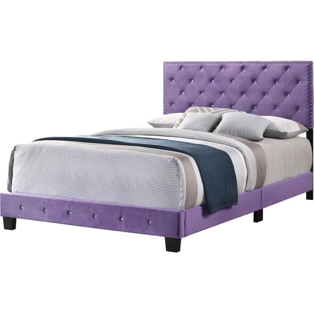 Glory Furniture Suffolk Velvet Upholstered Queen Bed Frame in Royal Purple - Luxurious Bedroom Centerpiece for Master Suite or Guest Room