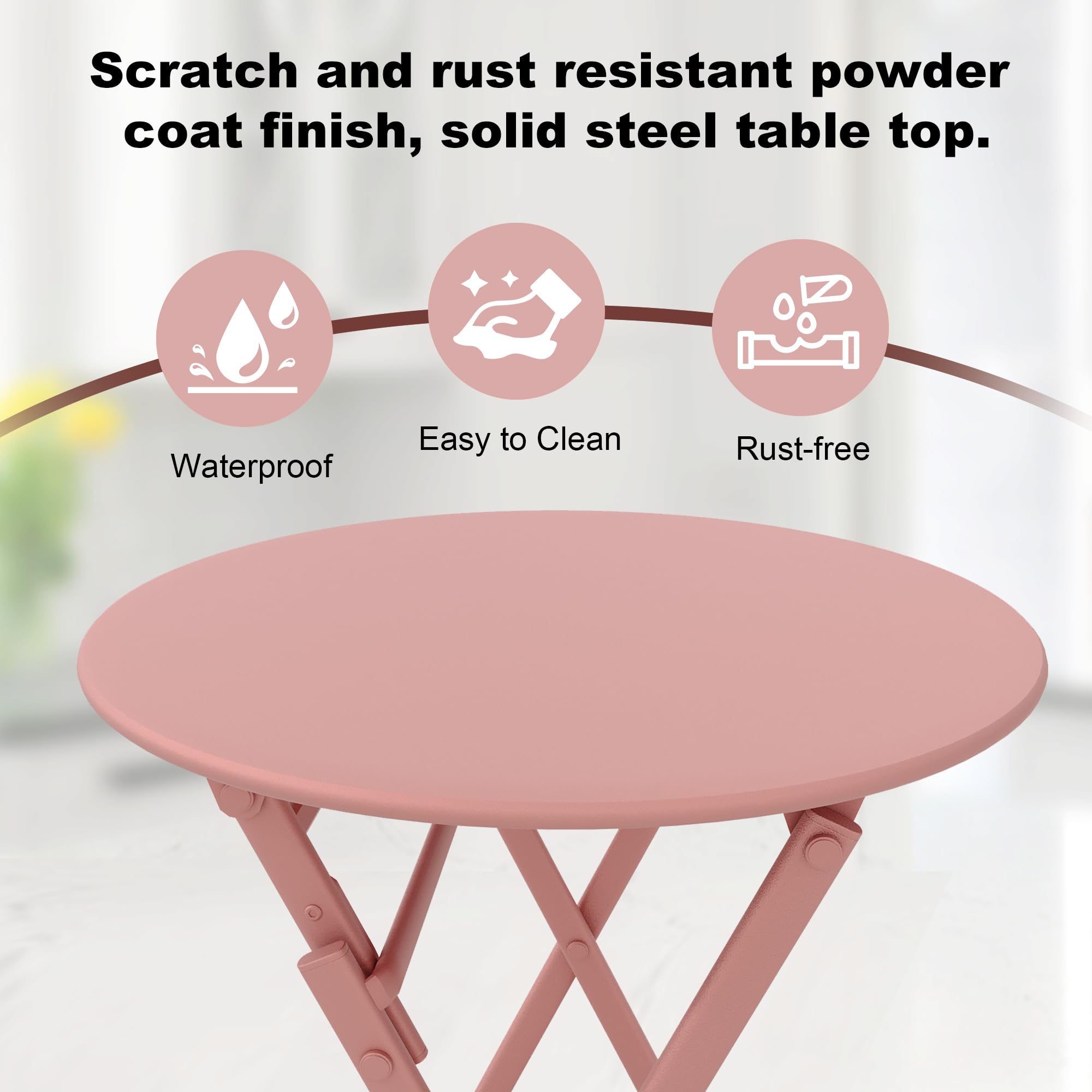 GARVEE 3-Piece Folding Patio Bistro Set with Round Table & 2 Chairs - Weather-Resistant, Space-Saving Outdoor Furniture with Premium Frame in Pink - Perfect for Small Balconies, Gardens, and Poolside Relaxation