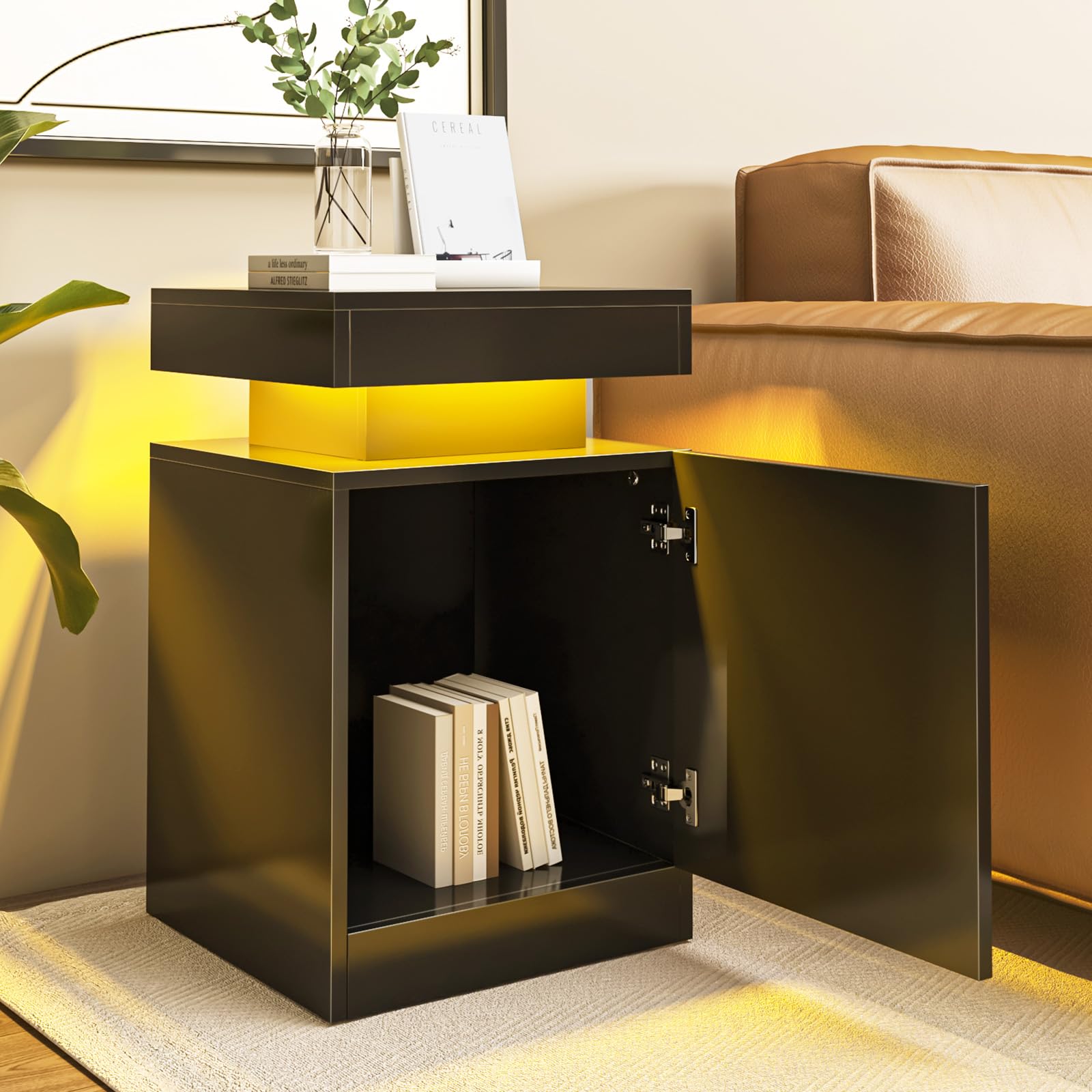 Oneinmil 2-Piece LED Nightstand Set with Storage - Black, for Bedroom & Living Room