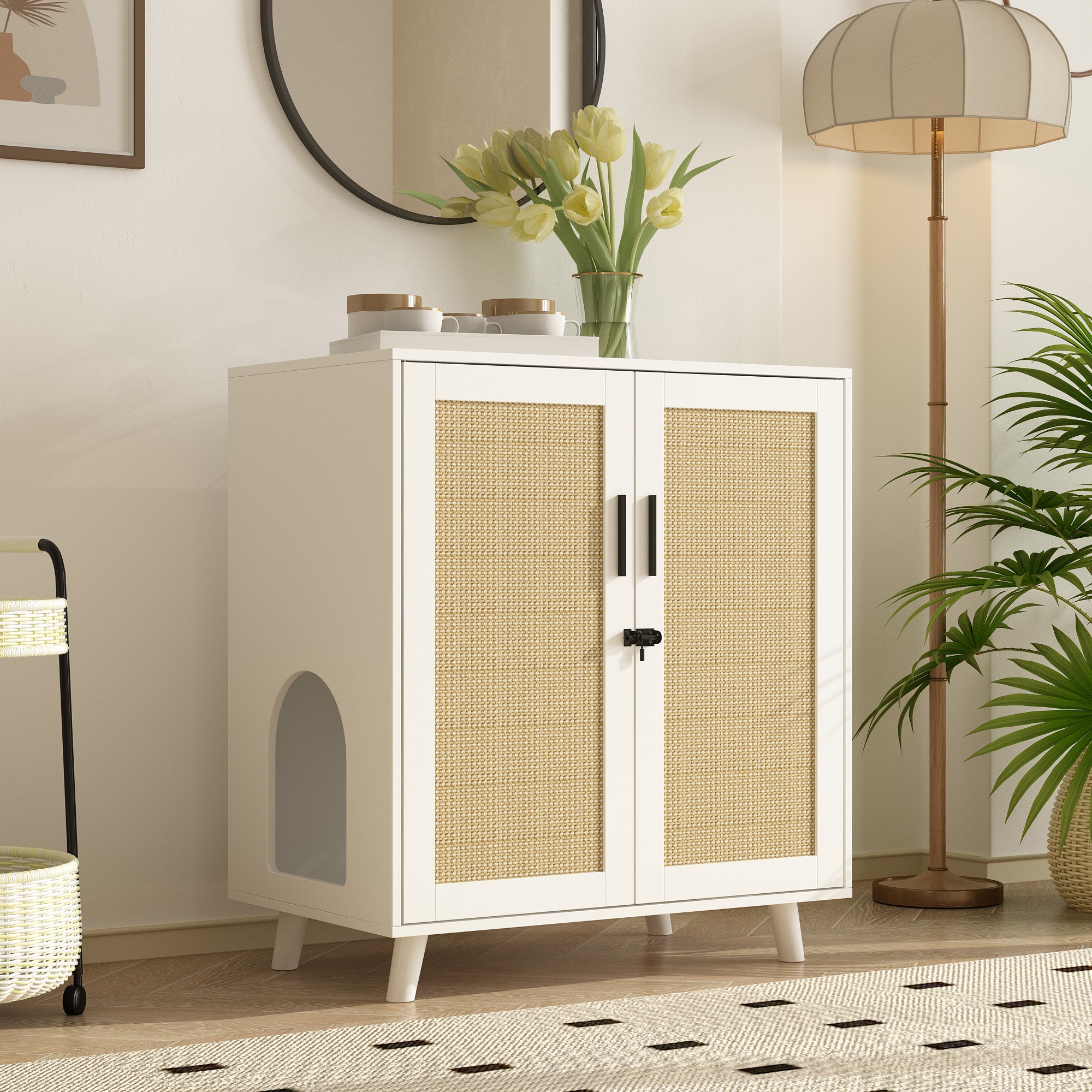 Modern Cat Litter Box Enclosure with Lock & Sisal Scratching Doors - Stylish Furniture-Style Hidden Litter Box for Small Spaces & Apartments