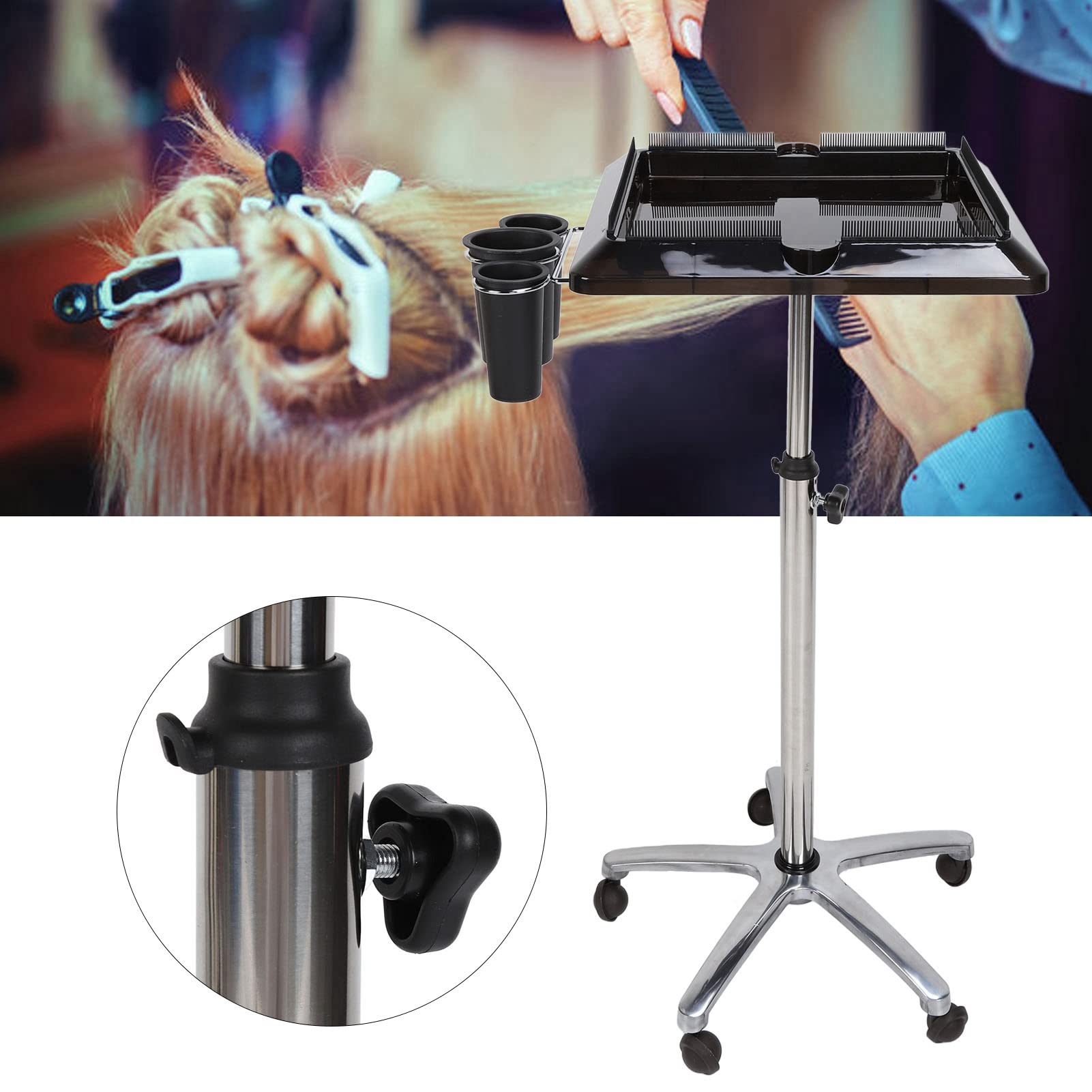 **Adjustable Height Stainless Steel Salon Tray Cart on Wheels - Mobile Hair Extension & Styling Tool Organizer for Salon Professionals | Perfect for Hairdressing, Manicures & Beauty Stations**