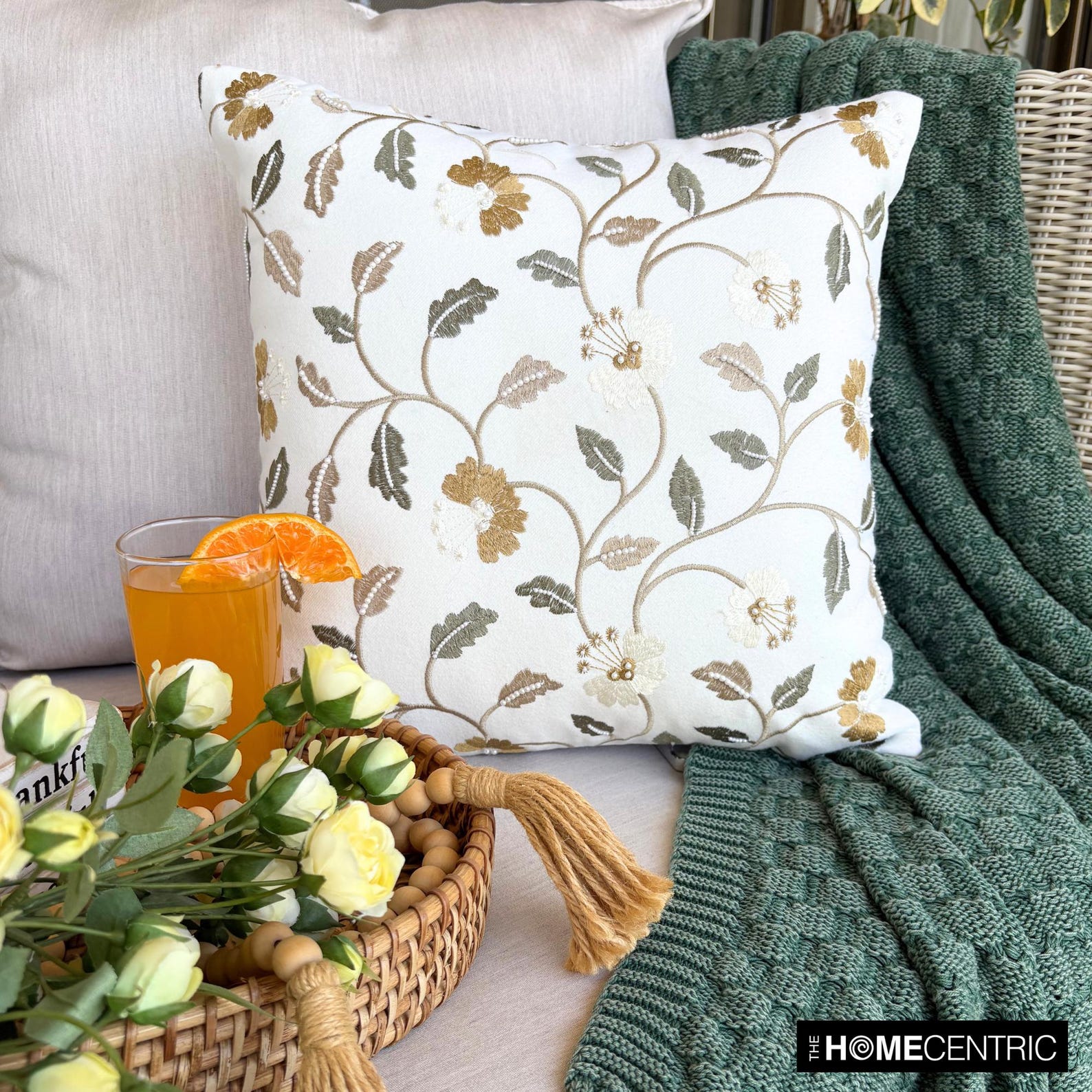 Amber Bloom White Cotton Throw Pillow Cover - Soft Decorative Cushion Case for Sofa, Bed, Living Room & Home Decor