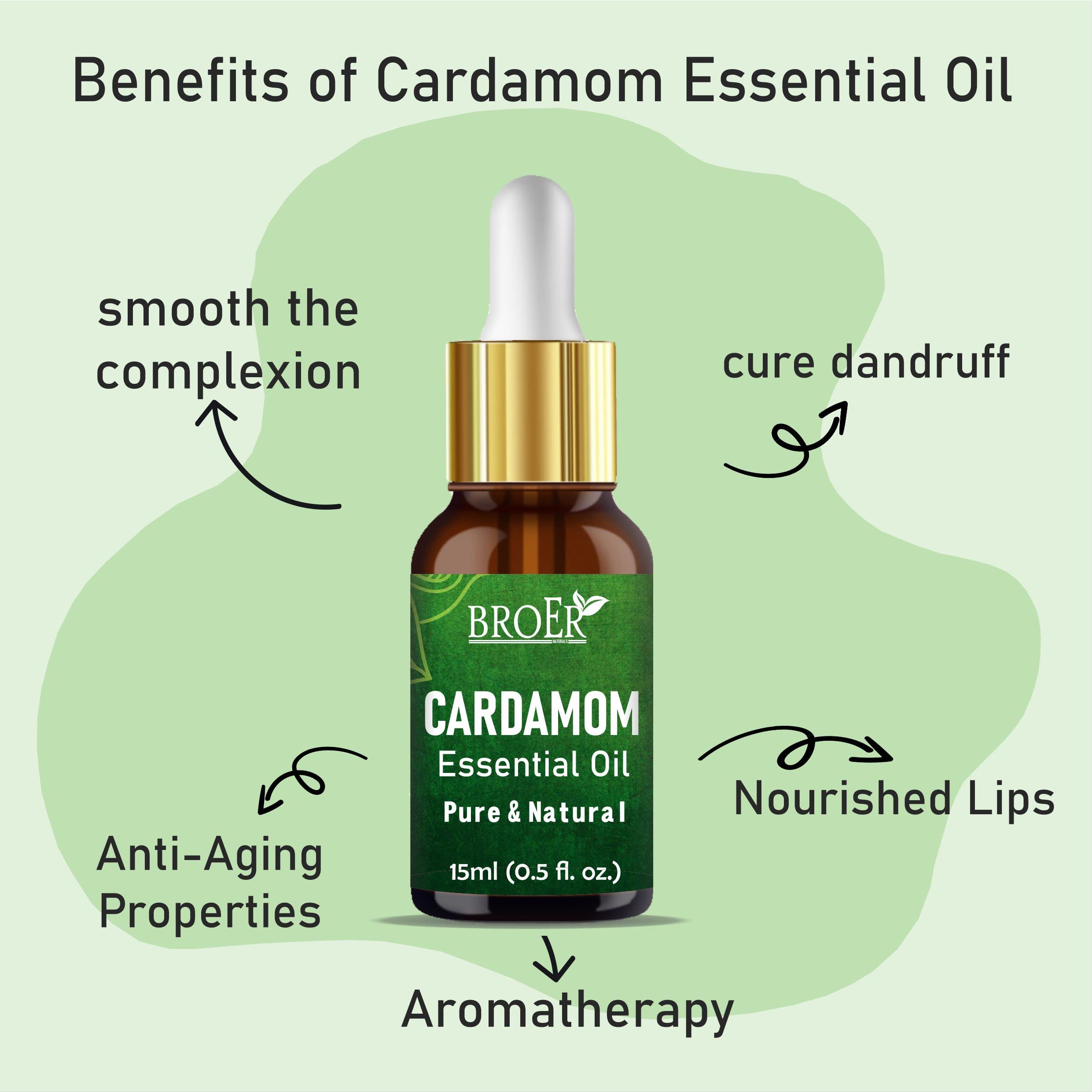 BROER Naturals 100% Pure Cardamom Essential Oil | Undiluted Therapeutic Grade for Skin Care, Hair Growth & Aromatherapy | Cruelty-Free Vegan 15ml | Perfect for Diffusers, Massage & DIY Beauty Products
