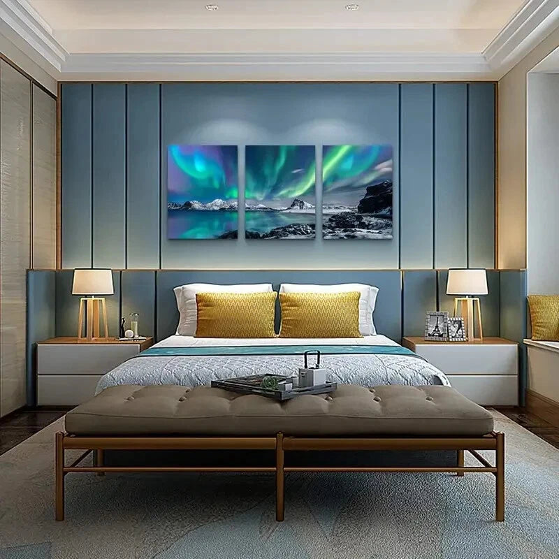 3-Piece Northern Lights over Snowy Mountains Metal Wall Art - Ready to Hang Aurora Borealis Landscape Prints for Living Room, Bedroom & Office Decor