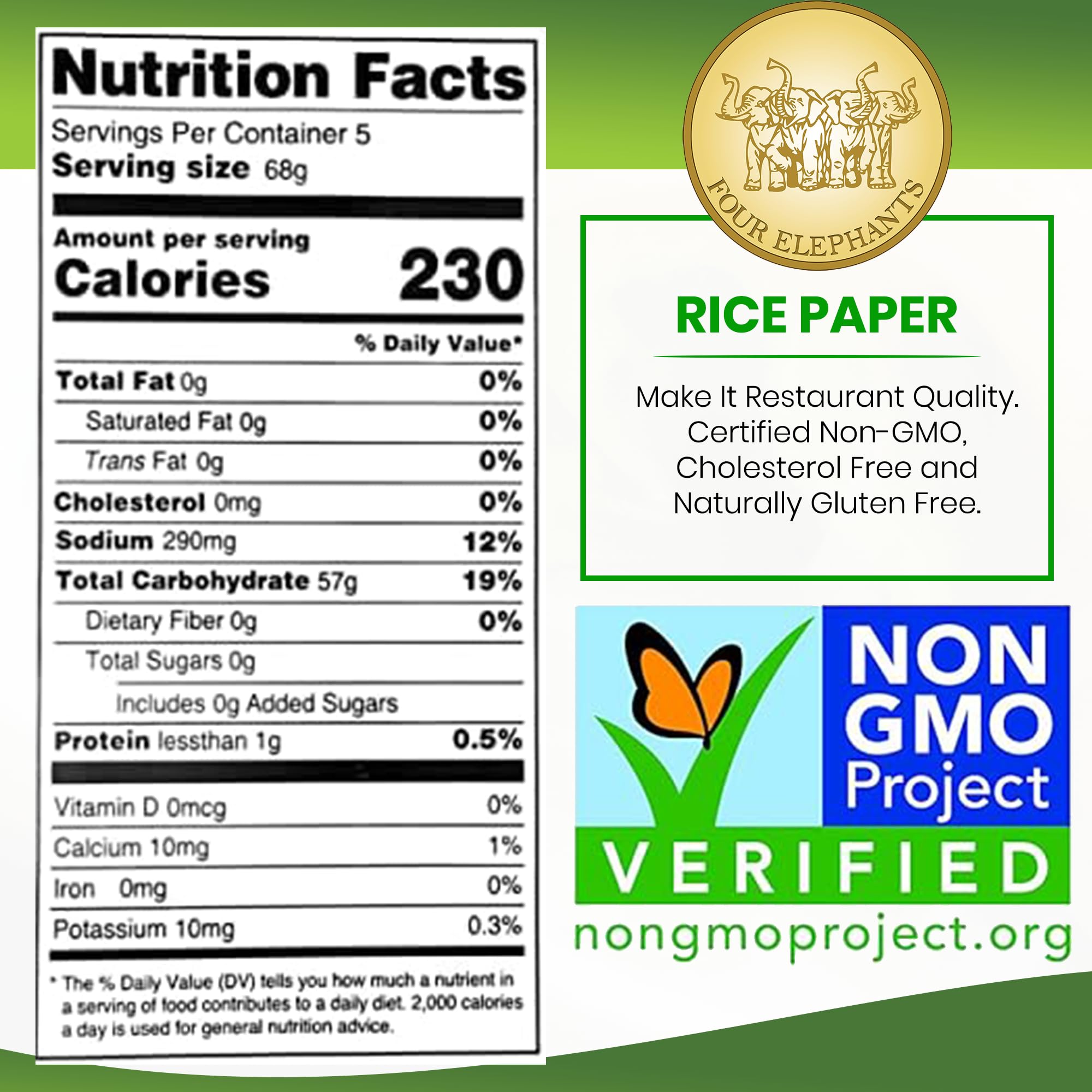 Premium 22cm Round Rice Paper Wrappers - Non-GMO, Pack of 2 (12oz Each) | Four Elephants Brand Restaurant Quality Spring Roll Skins | Quick 1-2-3 Second Prep | Perfect for Vietnamese Summer Rolls, Fresh Spring Rolls & DIY Wraps at Home