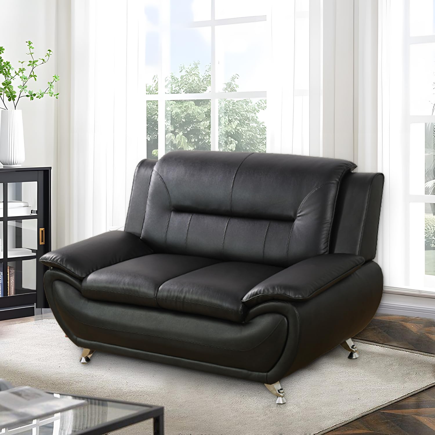 Modern 3-Piece Faux Leather Sofa Set - Black Living Room Furniture for Apartment, Office & Home | Comfortable Sectional Couch for Entertaining, Relaxing & Small Spaces