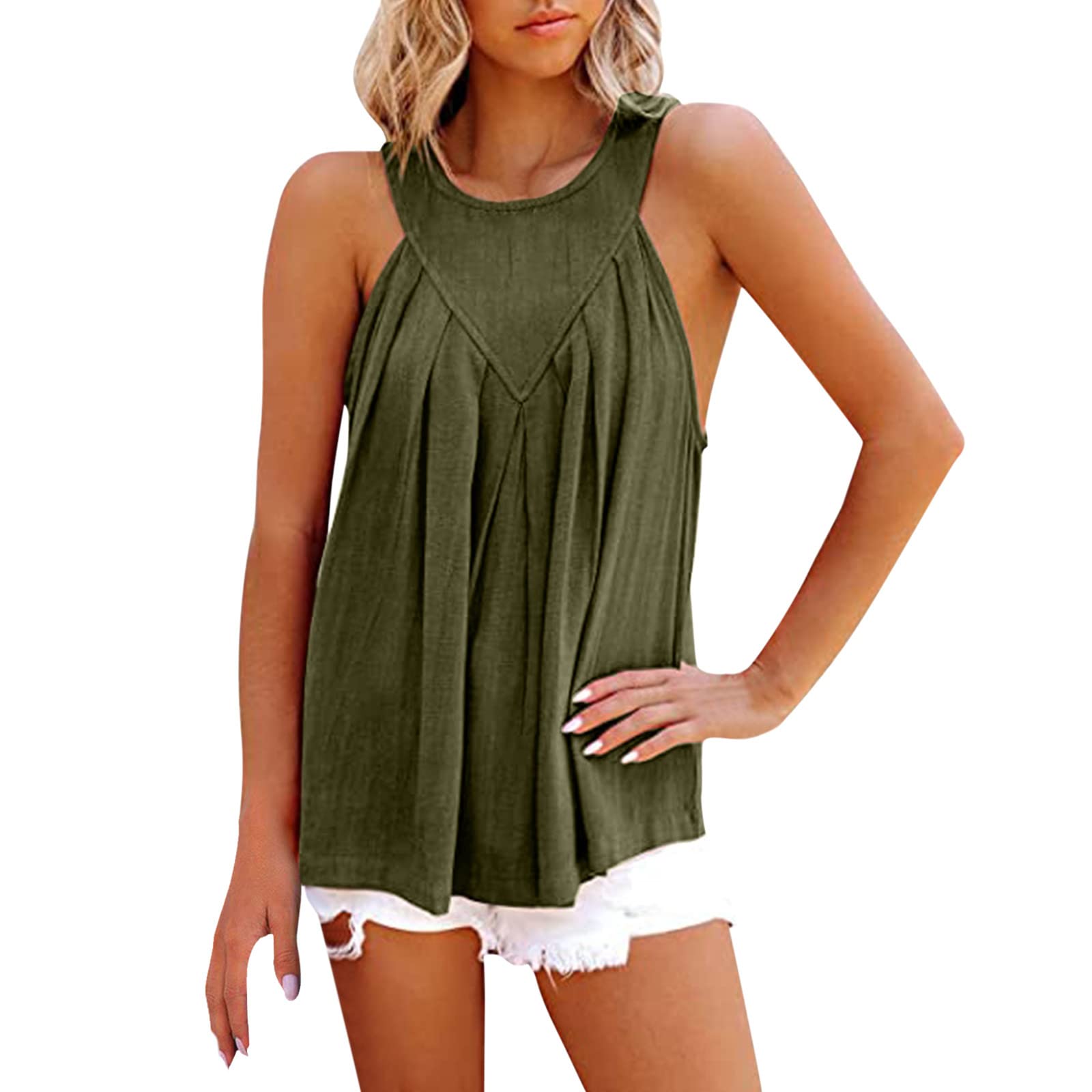 Women's Summer Sleeveless Halter Pleated Flowy Cami Top - Casual Beach Blouse & Loose Dressy Shirt for Vacation, Pool Party & Boho Outfits