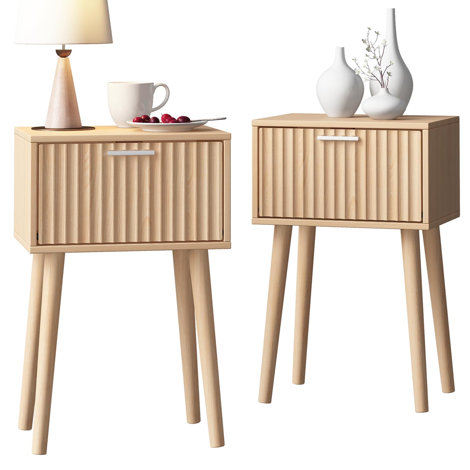 LAATOOREE Nightstand Set of 2 - Modern Mid-Century Bedside Tables with Fluted Door & Solid Wood Feet, Small End Tables for Bedroom, Living Room, or Small Spaces (Natural) - Perfect for Storing Books, Lamps, and Bedroom Essentials