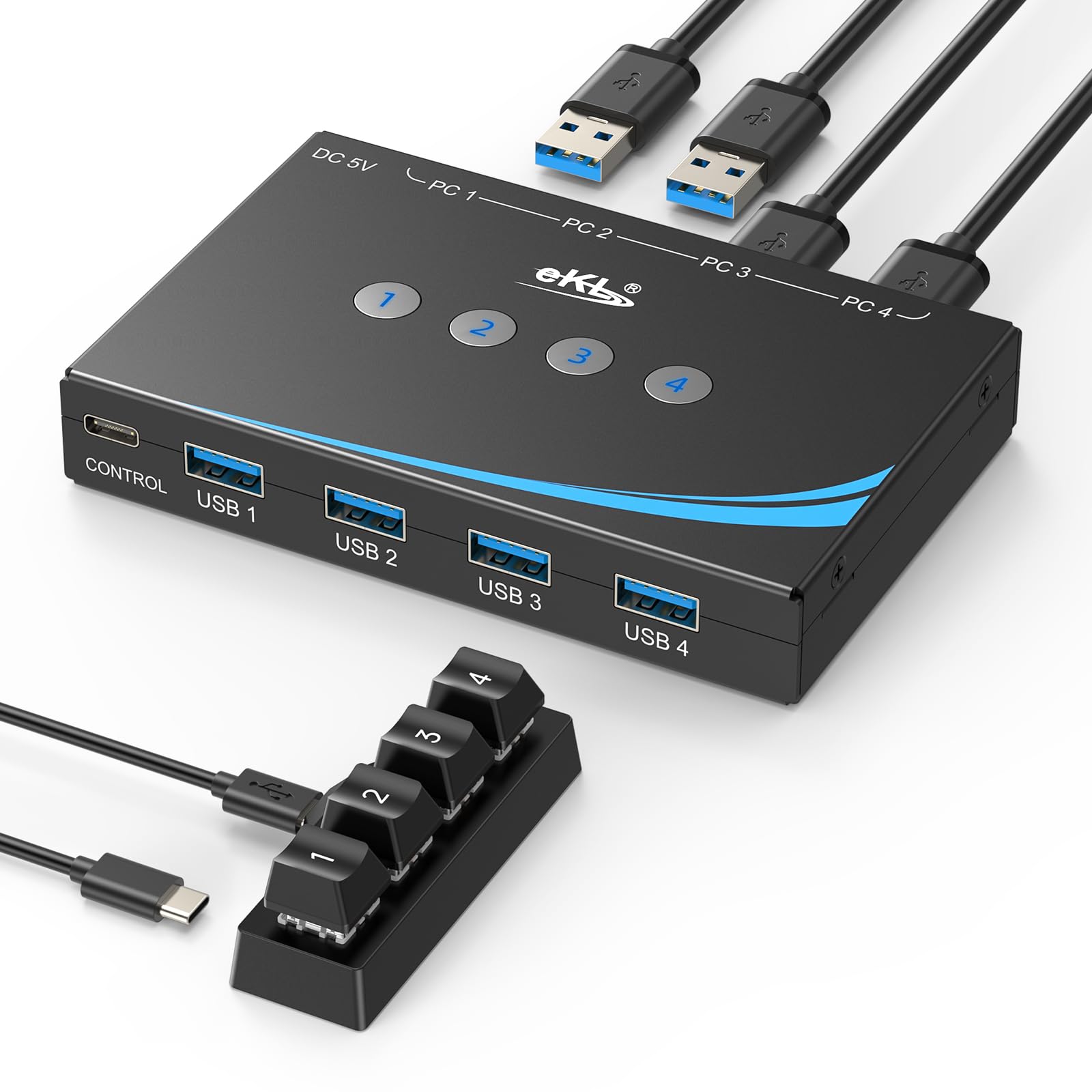USB 3.0 Switch Selector - 4 Port KVM Switch for Sharing Mouse, Keyboard, Printer & Scanner Between 4 Computers | Includes 4 USB 3.0 Cables & Desktop Controller with 3.5mm Audio Jack | Perfect for Home Office, Gaming Setup & Multi-Device Workstations