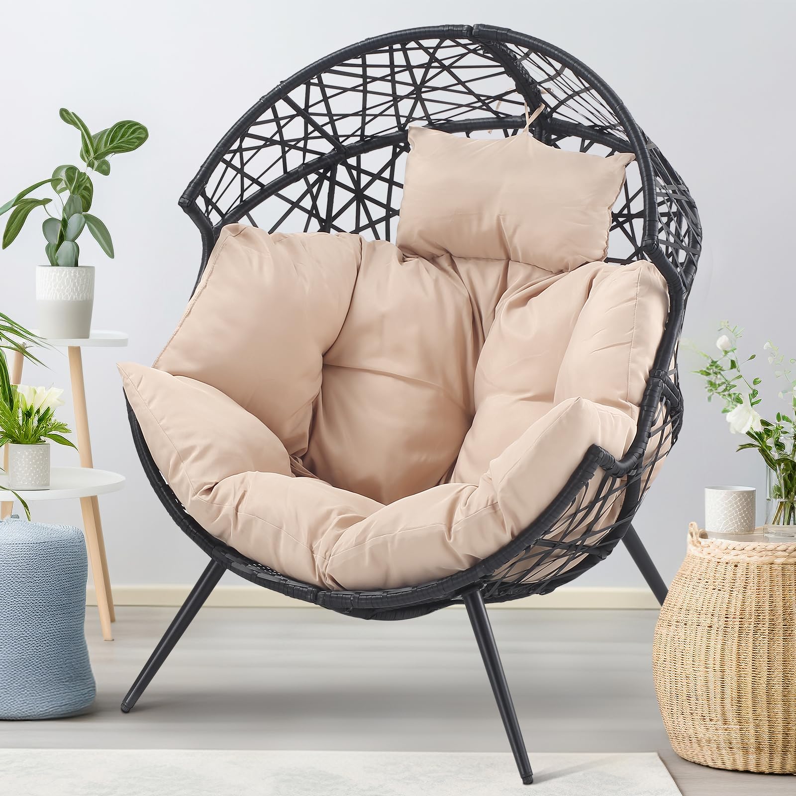 **Outdoor/Indoor Egg Chair - Wicker Hanging Egg Lounger with Cushion & Stand for Patio, Backyard, Living Room - Beige (Perfect for Relaxing, Reading & Sunbathing)**