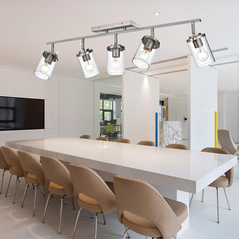 BONLICHT Modern 5-Light Brushed Nickel Track Lighting Fixture - Flush Mount Ceiling Light for Kitchen, Bathroom, Living Room - Industrial Style Spot Lights with Clear Glass Shade - Perfect for Home, Office, Restaurant Lighting