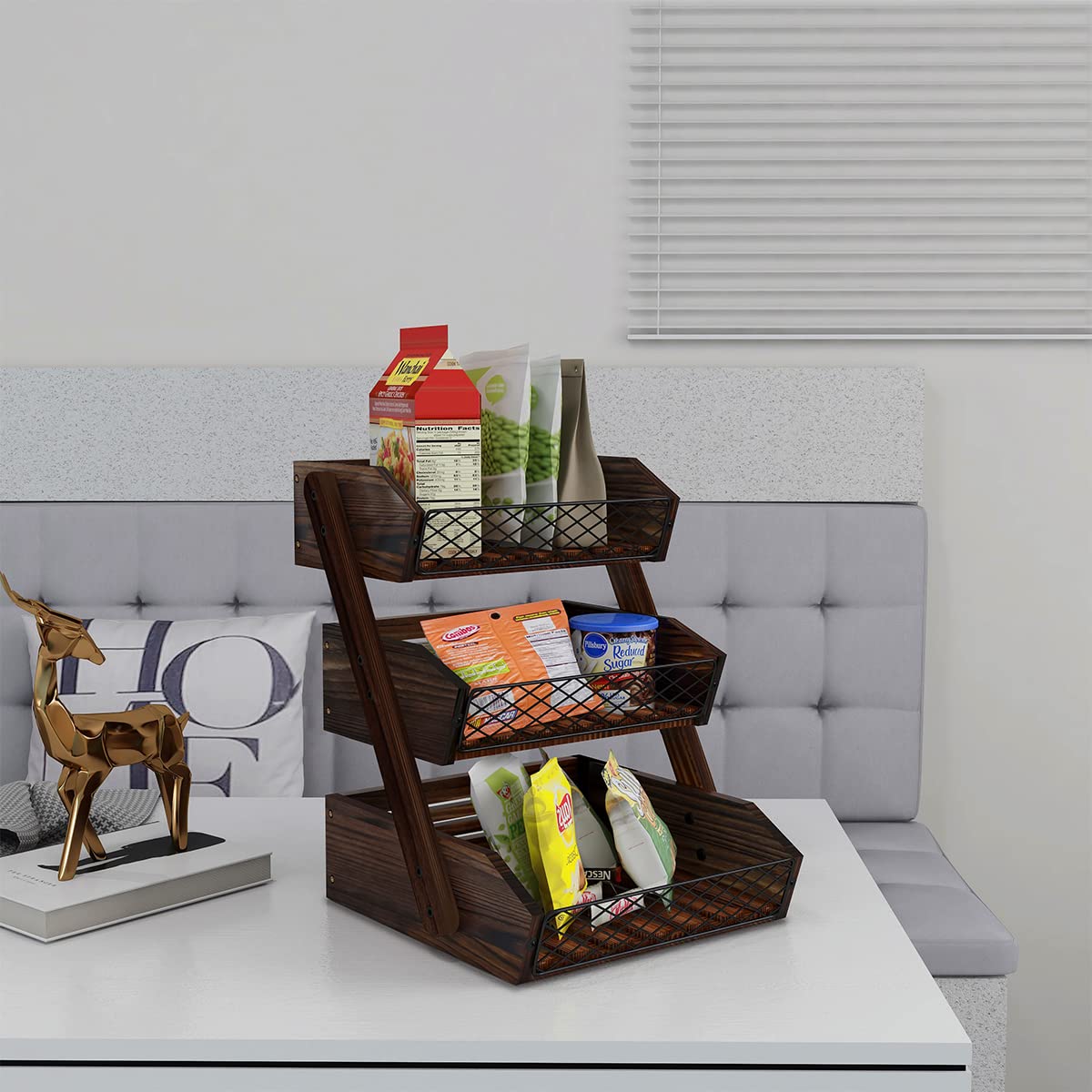 3-Tier Wooden Fruit Basket for Kitchen Countertop - Sturdy & Stylish Vegetable Holder for Apples, Bananas, Oranges - Perfect for Dining Room, Pantry & Farmhouse Decor