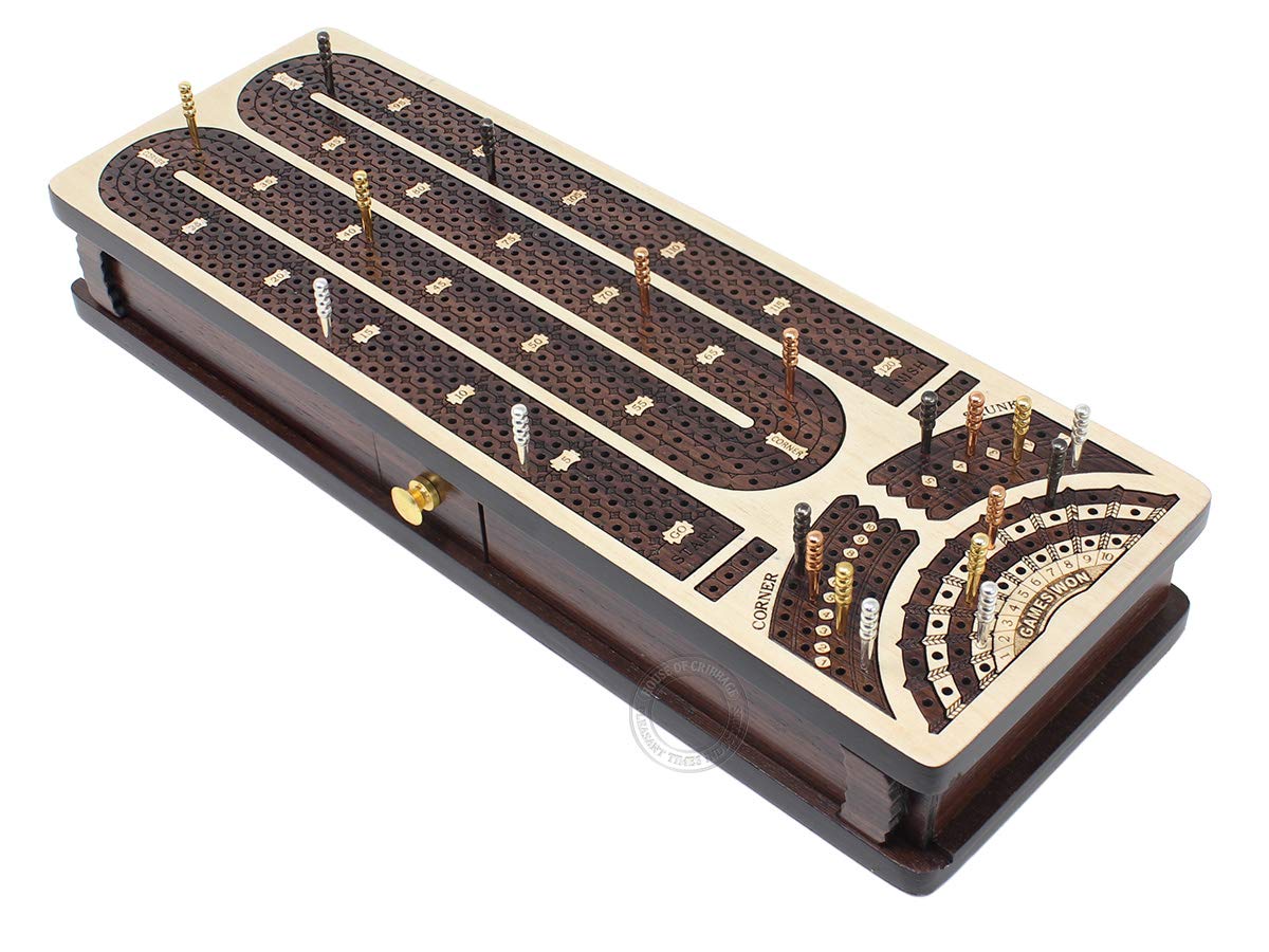 Premium Continuous Cribbage Board with 4 Tracks - Maple & Rosewood Inlaid Box with Sliding Lids, Drawer & Score Marking Fields for Skunks, Corners & Won Games | Perfect for Family Game Nights, Travel & Competitive Cribbage Play
