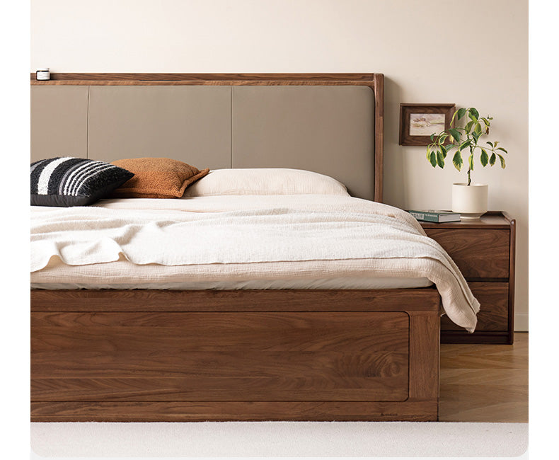 Solid Black Walnut Wood Leather-Upholstered Drawer Box Bed - Nordic Style Platform Bed with Storage for Modern Bedroom