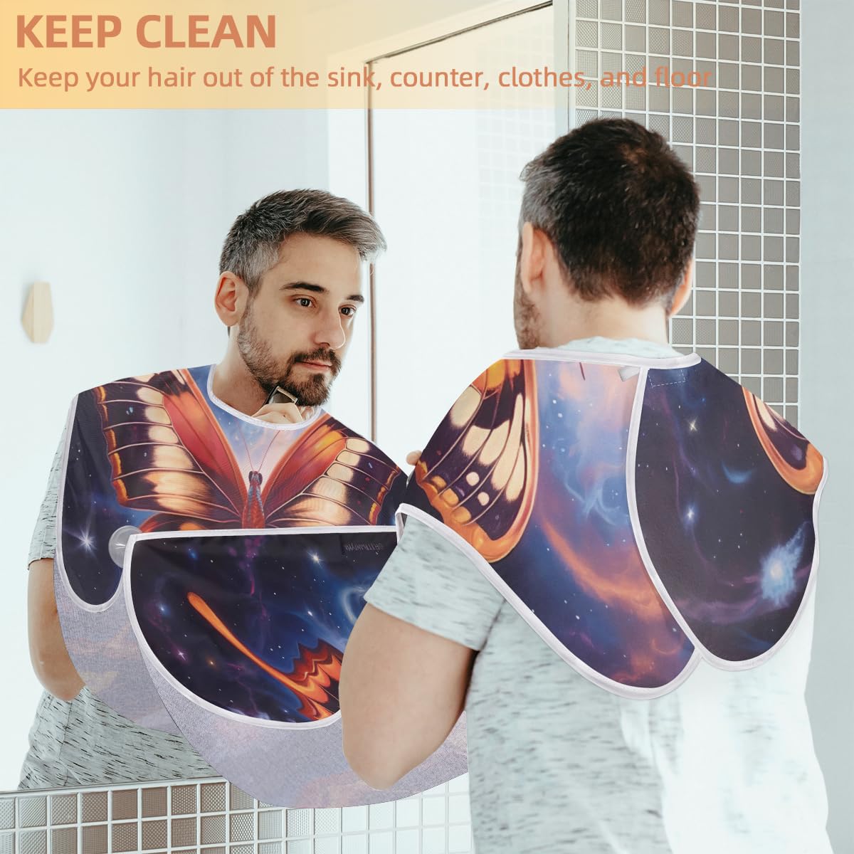 Stylish Butterfly Galaxy Beard Shaving Bib for Men - Waterproof Hair Dye Apron & Makeup Cape for Women - Sink Hair Catcher for Barber Tools - Perfect Gift for Beard Trimming & Haircut (Ideal for Home Salon, Barbershop & DIY Grooming)