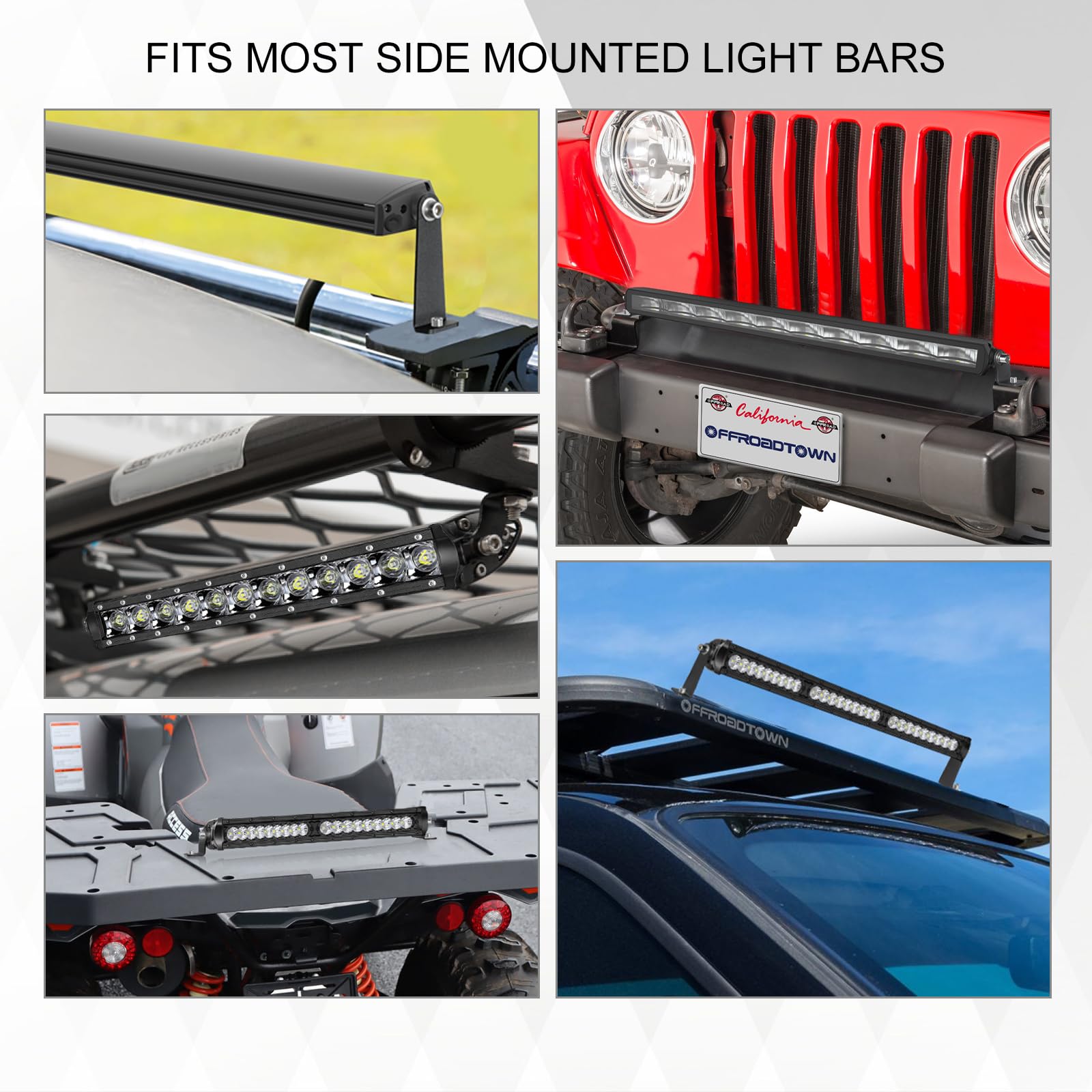 OFFROADTOWN 2 Pack Universal Light Bar Mounting Brackets - Adjustable L-Shape Side Mount for Single Row Straight/Curved Light Bars - Compatible with Jeep, Truck & Offroad Vehicles (Perfect for Night Offroading & Adventure Driving)