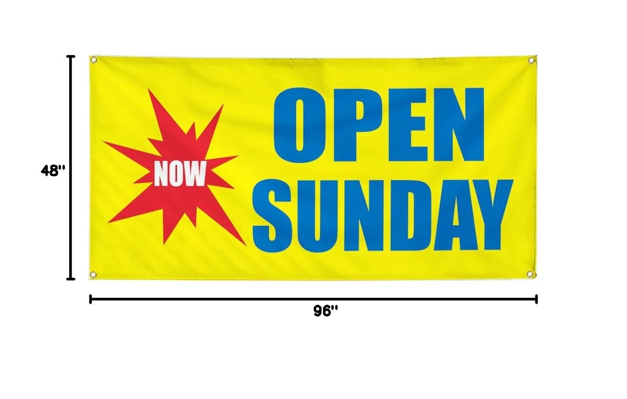 Premium Vinyl Banner - 48x96 Inches, Weatherproof & Durable with 8 Grommets for Outdoor Business Signs, Yard Sales, and Industrial Use - Multiple Sizes Available (Now Open Sundays)