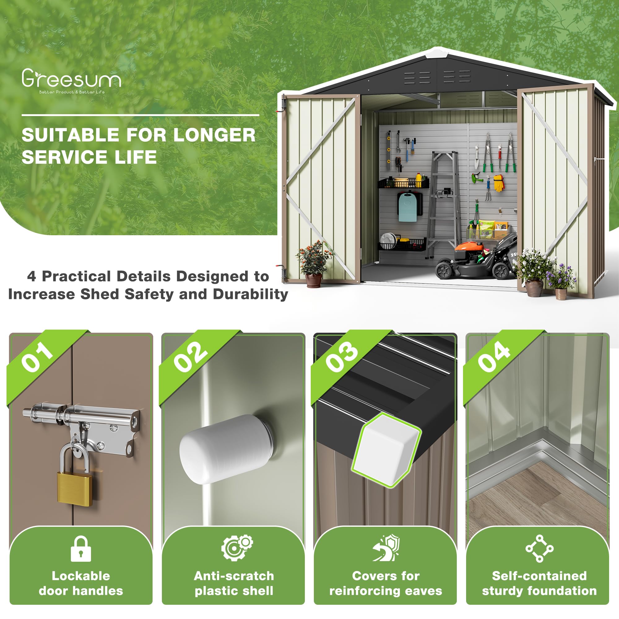 Greesum 6x8 ft Outdoor Storage Shed - Metal Utility Tool Shed with Lockable Door for Garden, Patio & Backyard Organization (Brown)