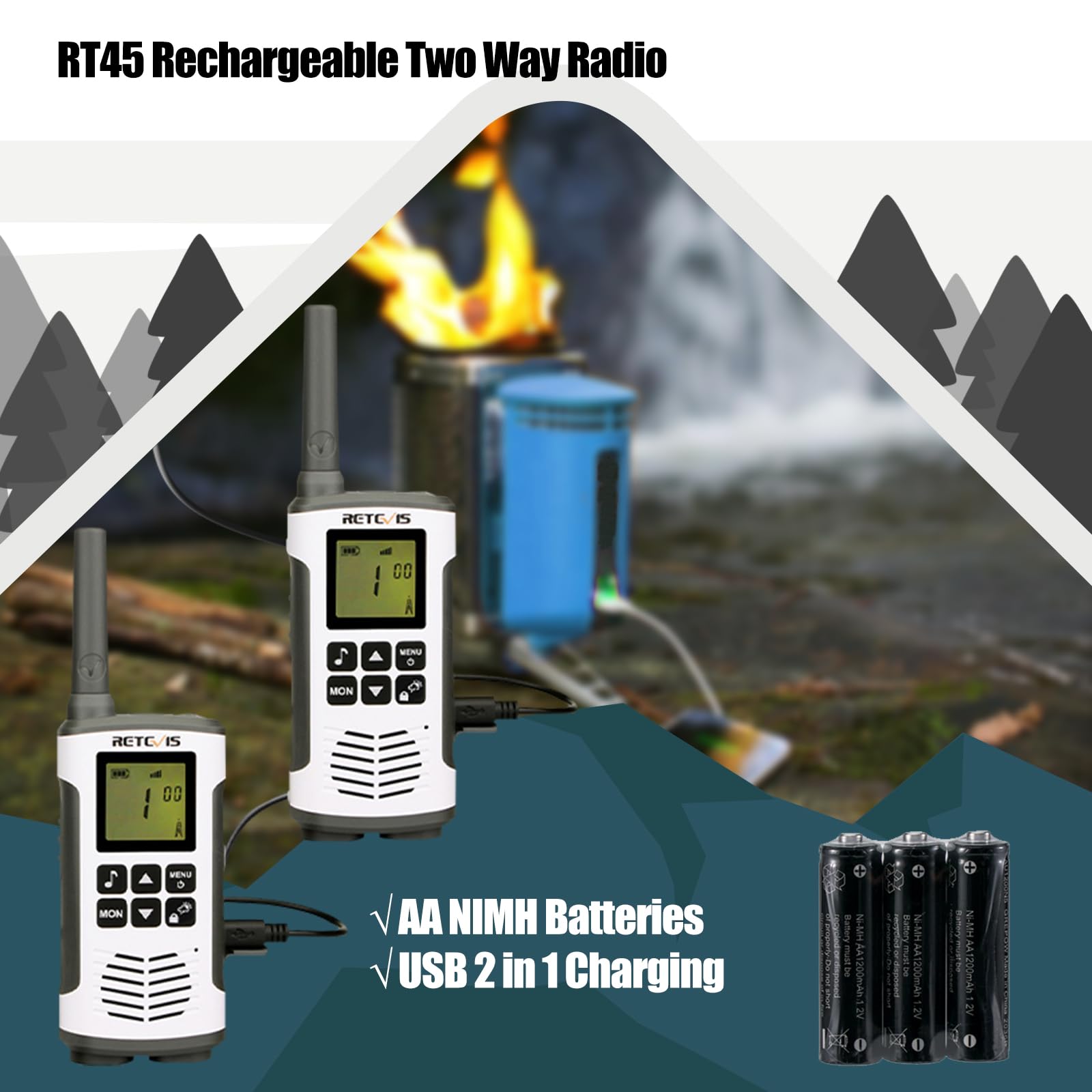 Retevis RT45 Long Range Rechargeable Walkie Talkies (2 Pack) - FRS Two Way Radios with Flashlight & NOAA Weather Alert - Ideal for Camping, Hiking, Outdoor Adventures & Emergency Communication