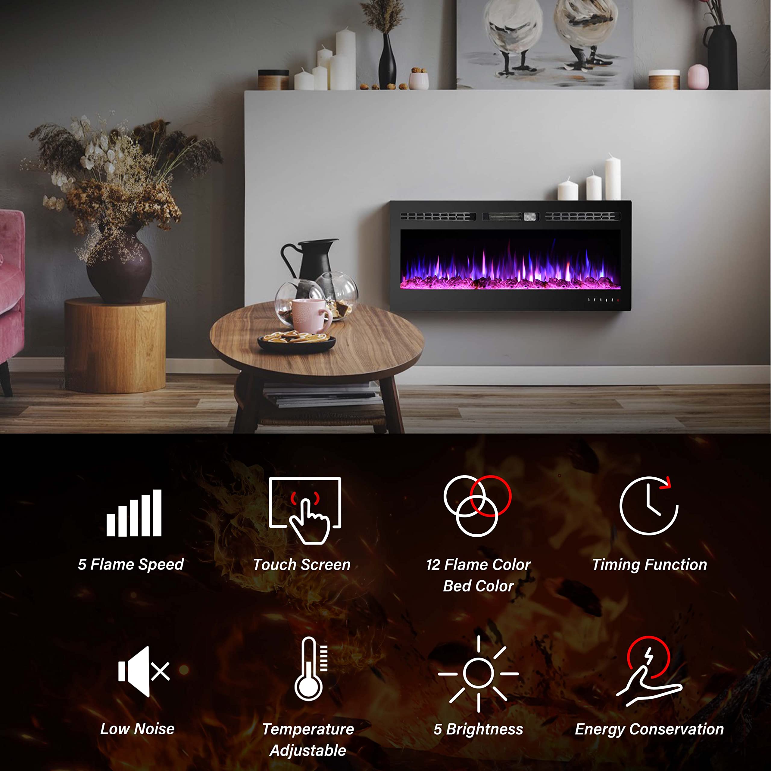 30 Inch Wall Mounted Electric Fireplace with Remote Control - Adjustable LED Flame Colors & Speed - Modern Electric Fireplace Insert for Living Room, Bedroom & Office Heating