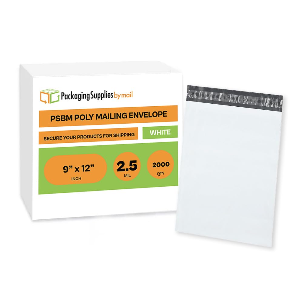 PSBM White Poly Mailers 9x12 Inch 2000 Pack - 2 Mil Thick Shipping Envelopes for Clothing & Small Businesses | Self-Seal Mailing Bags for Ecommerce, Online Stores & Retail Packaging | Durable, Waterproof & Lightweight Shipping Solution
