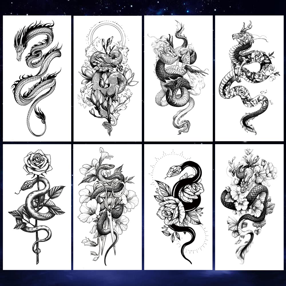 Waterproof Fake Tattoos - 8 Sheets Temporary Body Art with Dragon, Snake, Cross & Rose Designs for Arms & Legs | Perfect for Halloween, Cosplay & Festival Costumes