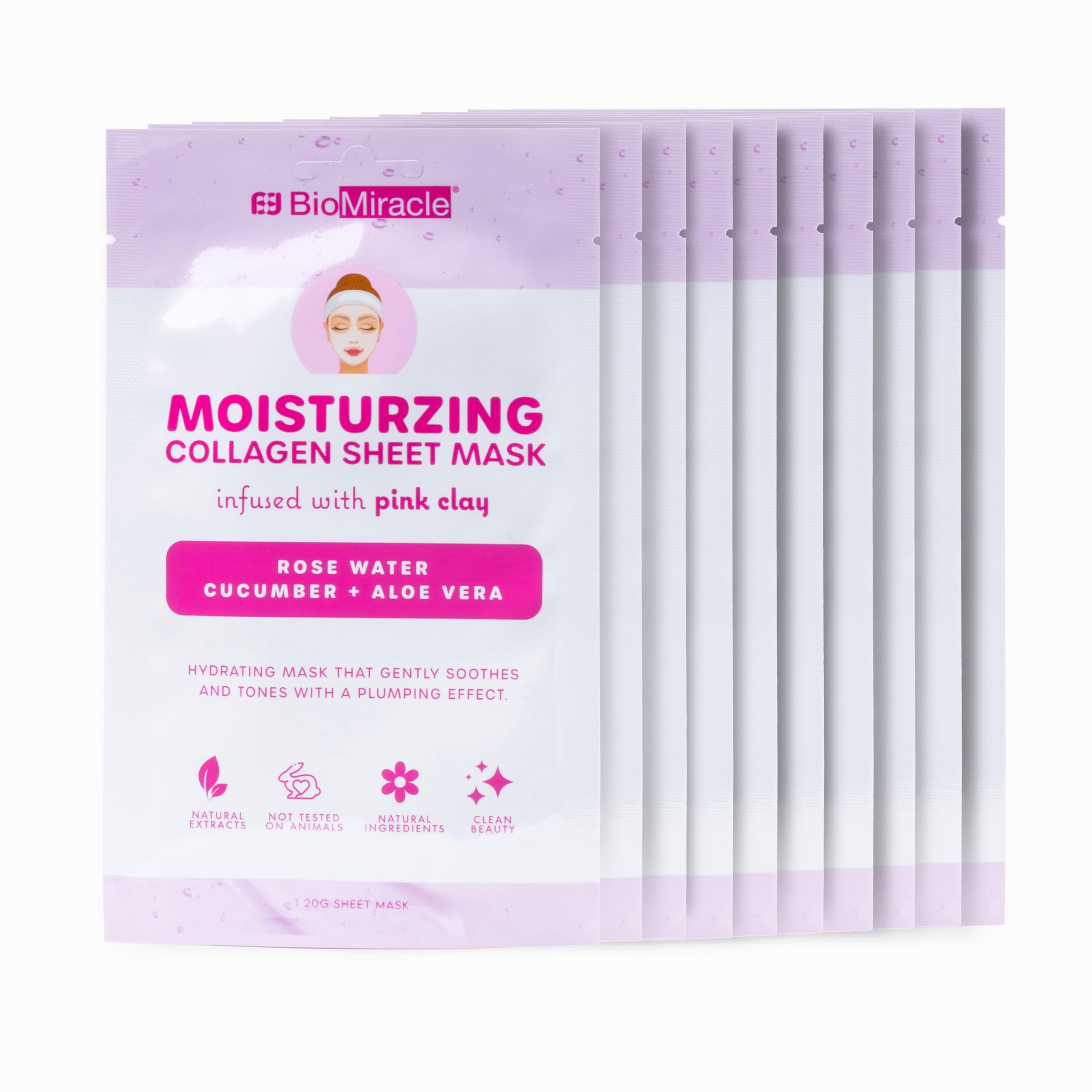 BioMiracle Moisturizing & Firming Collagen Sheet Mask - Infused with Pink Clay, Rose Water, Cucumber & Aloe Vera | Natural Extracts, Paraben-Free | Soothes & Tones Skin | 10 Sheet Pack for Spa Day & Self-Care Routine