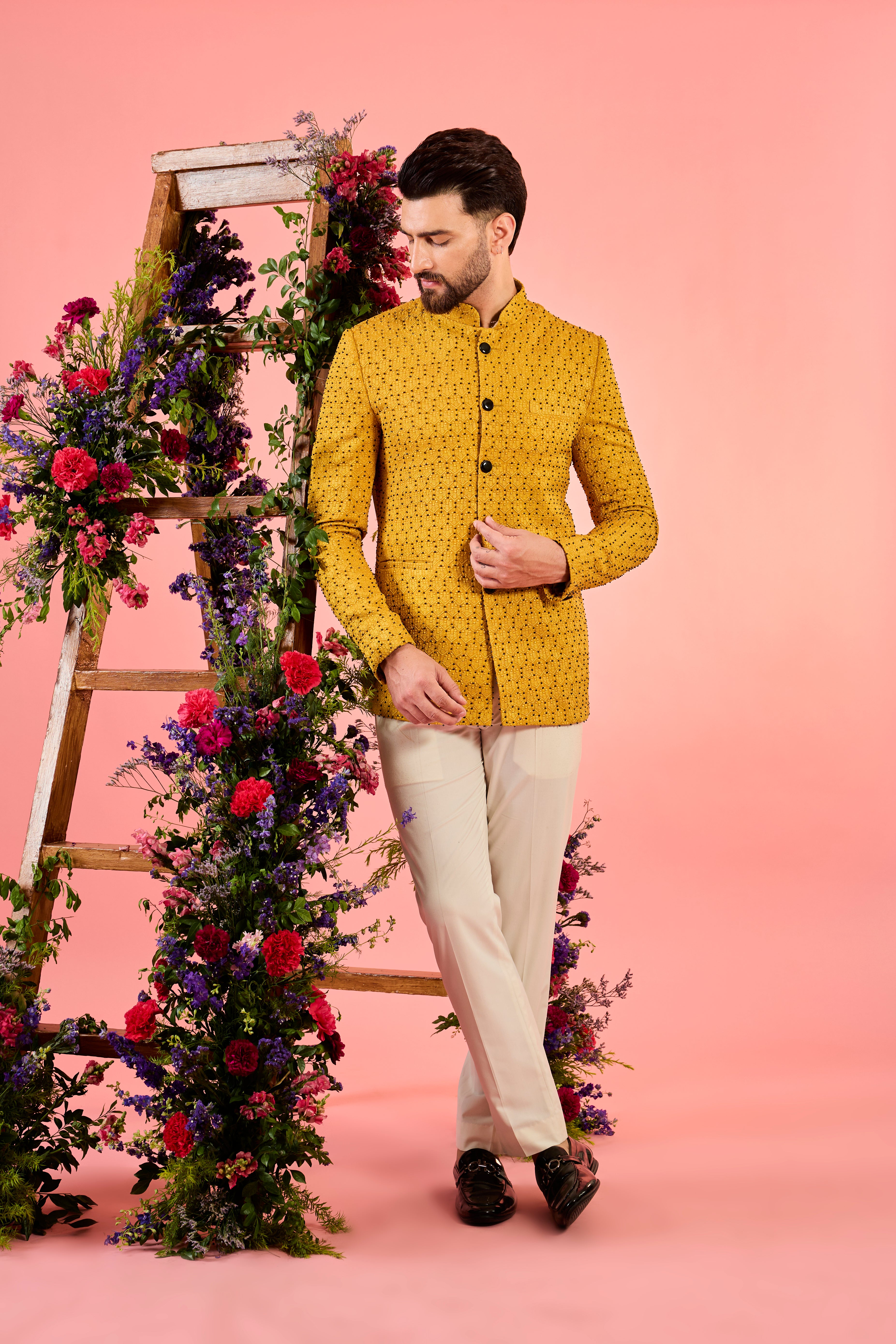 Exquisite Mustard Bandhgala Suit with Intricate Cut Dana & Thread Work - Perfect for Weddings, Festivals & Special Occasions