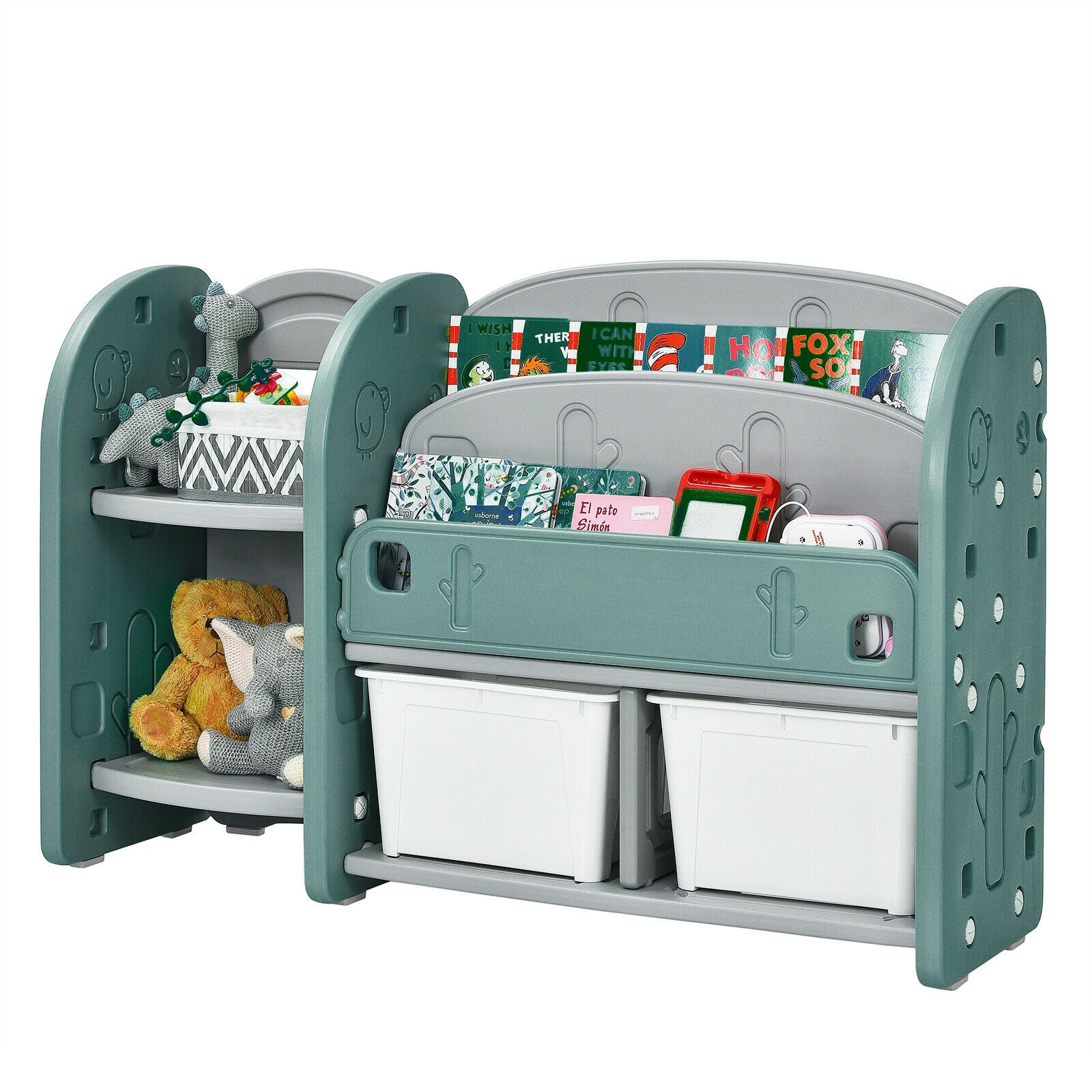Kids Toy Storage Organizer with 2-Tier Bookshelf & Plastic Bins - Space-Saving Kids Room Organization for Toys, Books & School Supplies