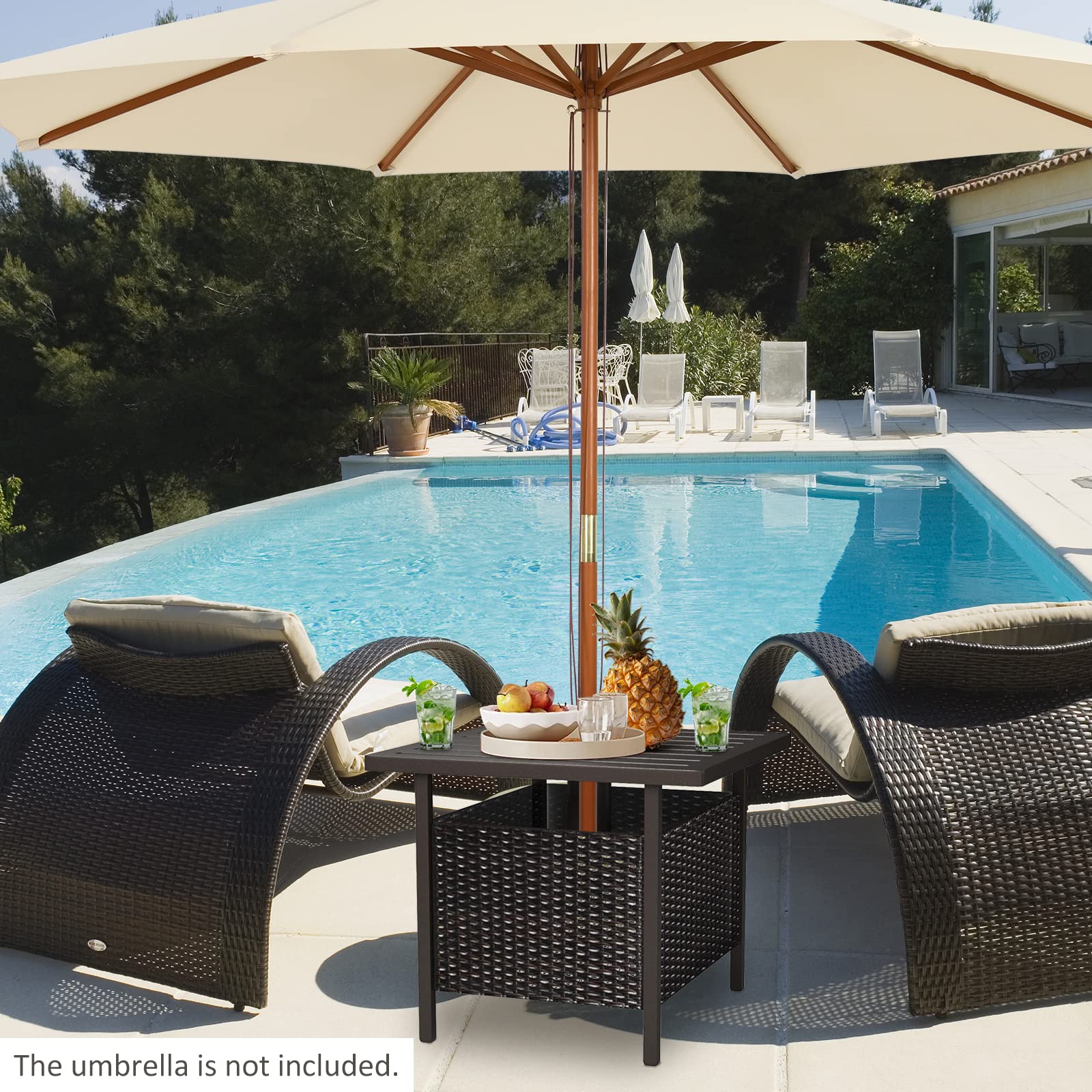 Casart Outdoor Side Table with Umbrella Hole - Square Wicker PE Rattan Coffee Table with Metal Tabletop - Patio End Table for Garden, Backyard, Poolside & Deck - Perfect for Outdoor Dining, Lounging & Entertaining