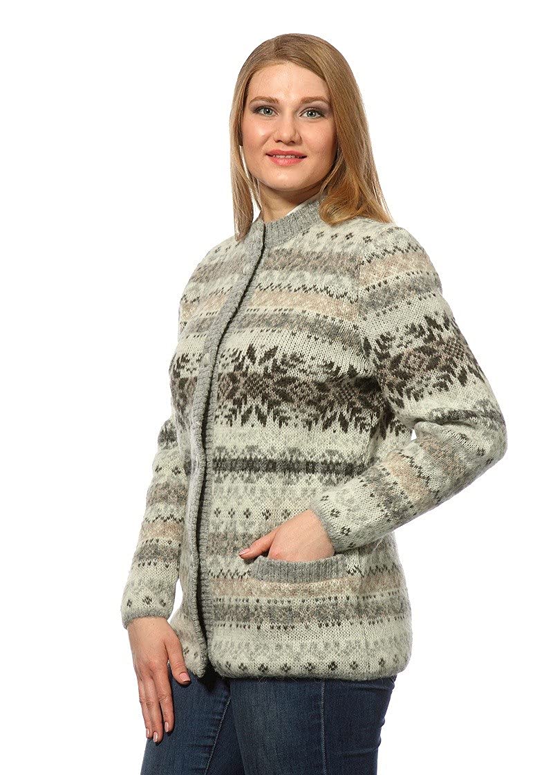 Women's 100% Icelandic Sheep Wool Crew Neck Cardigan Sweater with Pockets - Cozy Winter Wear for Office, Travel & Casual Outfits