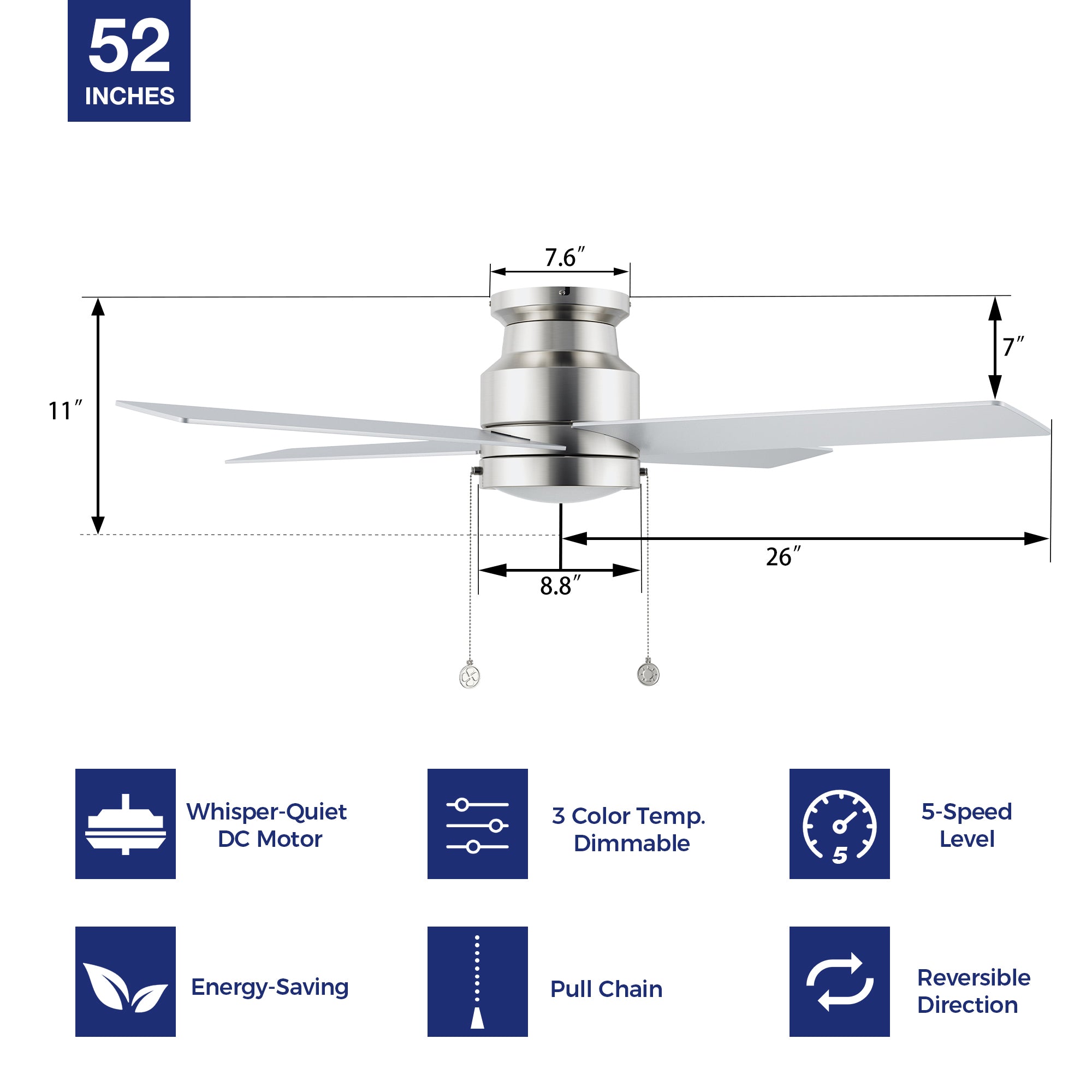 52 Inch Luft Flush Mount Ceiling Fan with LED Light & Pull Chain - Quiet, Energy Efficient Cooling for Bedroom, Living Room, and Office Spaces