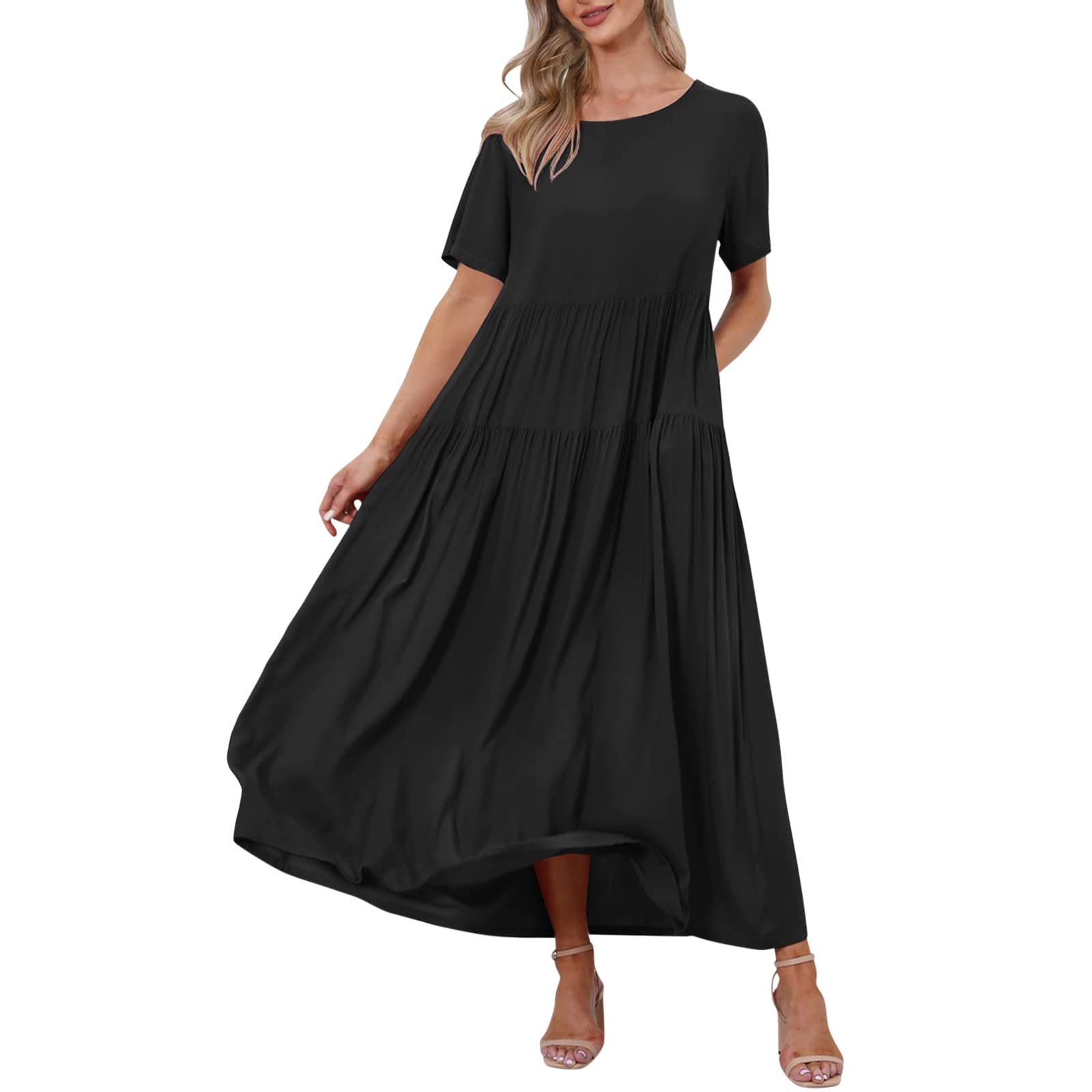 Women's Casual Loose Bohemian Floral Maxi Dress with Pockets - Short Sleeve Summer Beach Swing Dress for Vacation, Outdoor Parties & Boho Fashion