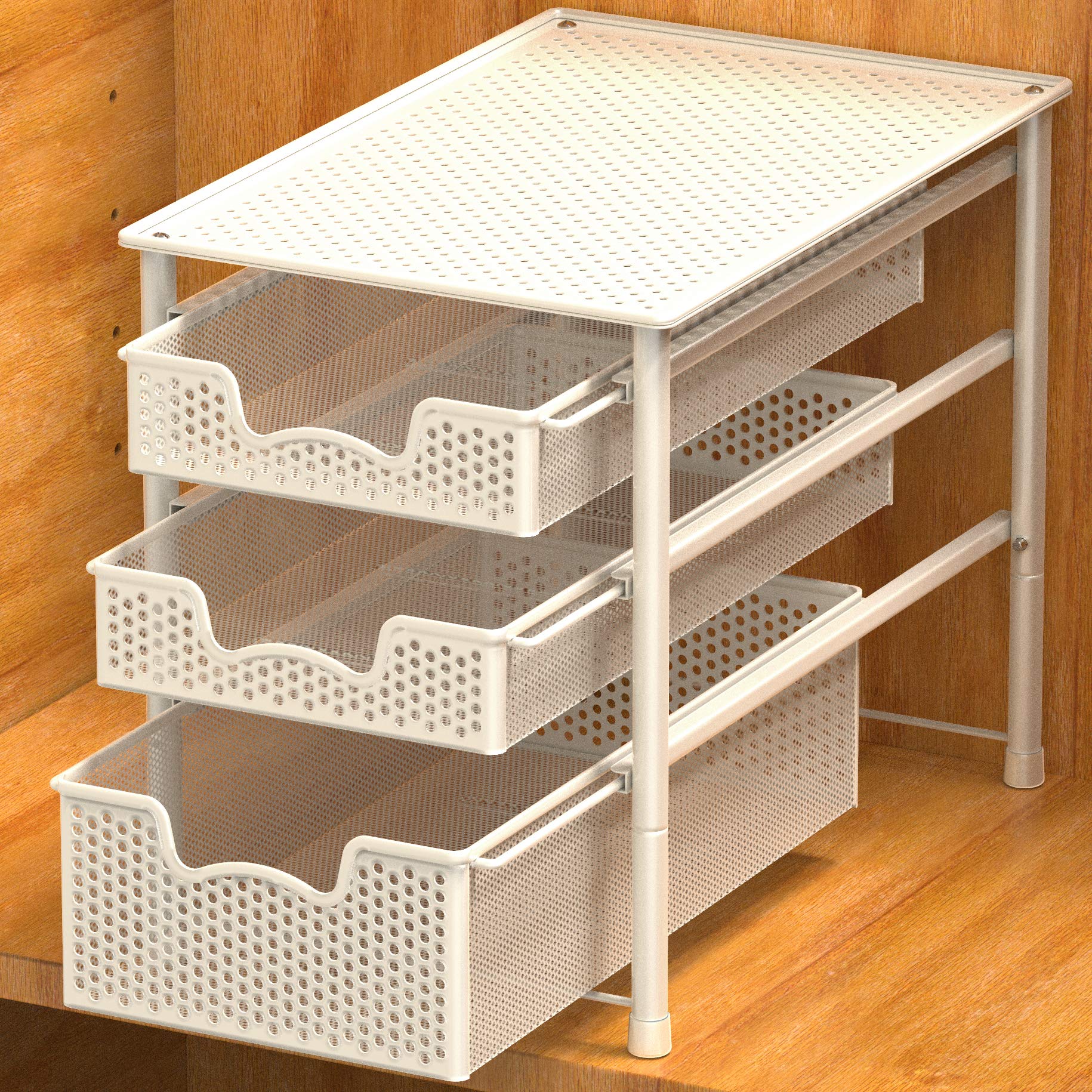 3-Tier Sliding Basket Organizer - White Alloy Steel Cabinet Drawer for Kitchen, Bathroom & Pantry Storage | Space-Saving Home Organization Solution