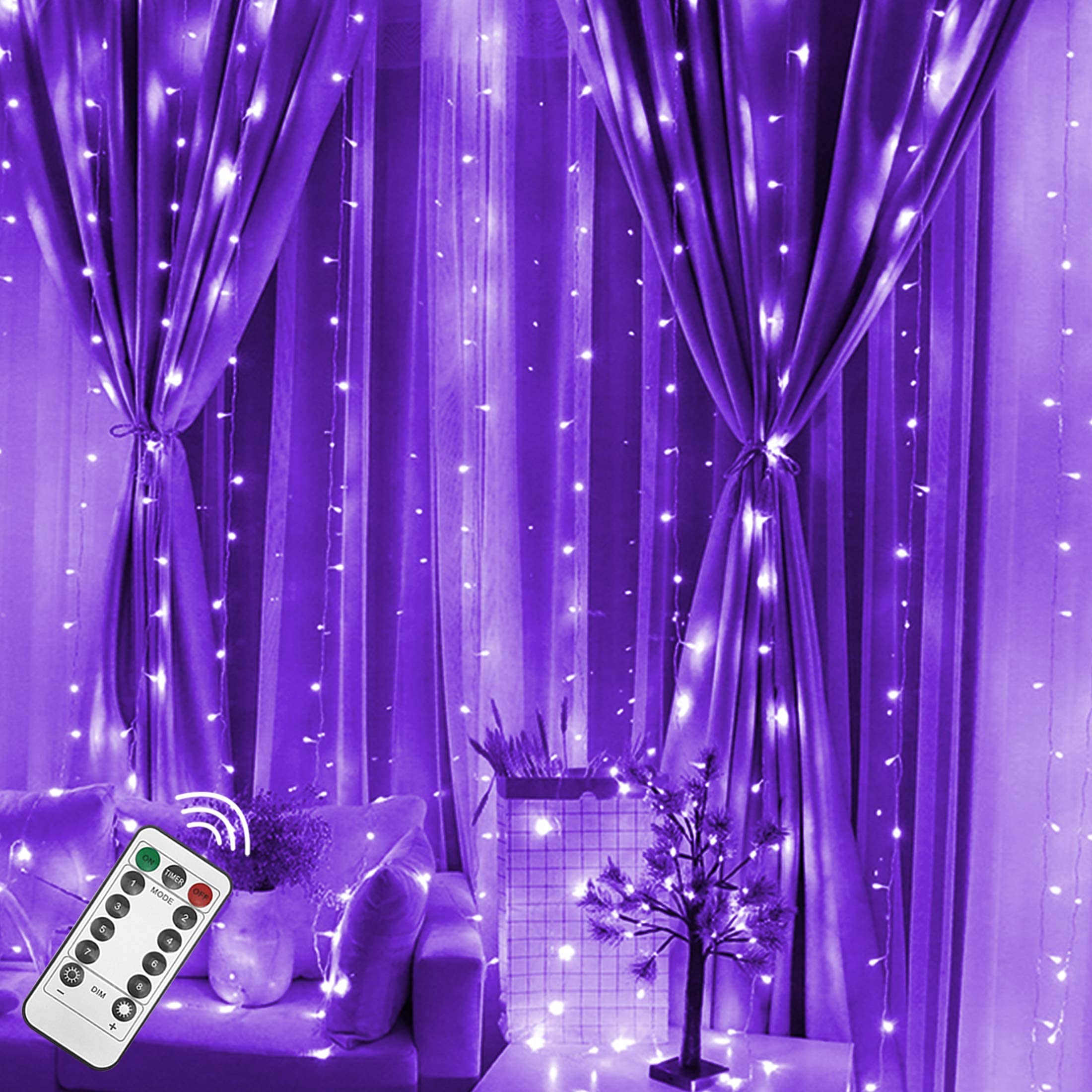 Twinkle Star 300 LED Curtain String Lights 6.6x9.8ft - Fairy Lights with Remote Control & Timer, Waterproof Outdoor/Indoor Decorative Lighting for Halloween Party, Bedroom, Wedding, Garden, Christmas Decor (Purple)