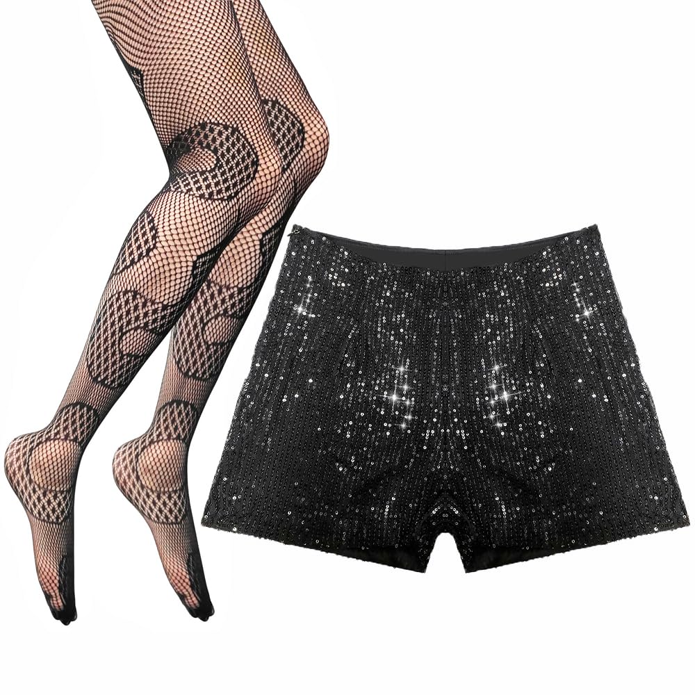 Sparkly High Waisted Sequin Shorts for Women - Black Glitter Party Shorts with Rhinestone & Fishnet Details | Perfect for Concerts, Nightclubs, Halloween & Festive Celebrations