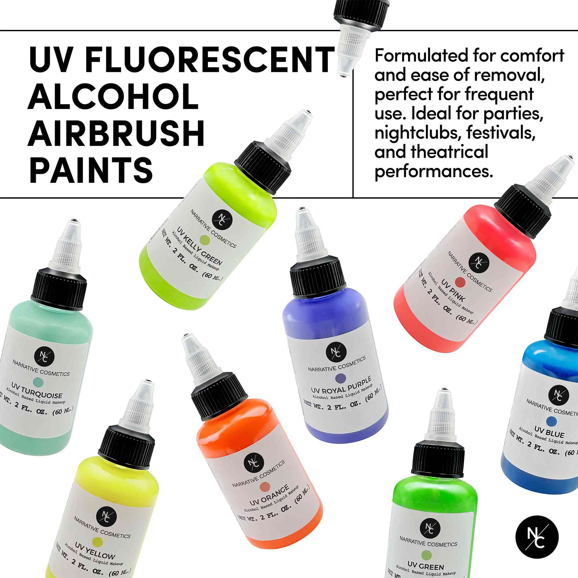UV Fluorescent Alcohol Airbrush Paints - 2 fl oz (60ml) for Airbrush Art, Tattoo Practice & Body Painting - Glow Under Black Light for Night Events & Halloween Makeup
