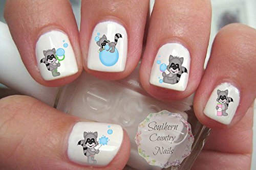 Bubbles Blowing Bubbles Raccoon Nail Art Decals - Cute Animal Nail Stickers for DIY Manicure, Perfect for Parties & Nail Salon Designs