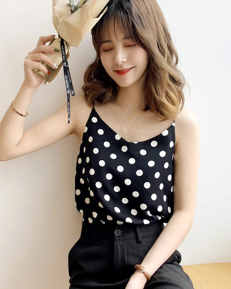 Polka Dot Silk Camisole for Women - Elegant Sleeveless Blouse for Summer, Party & Date Night | Soft Breathable Fabric for Comfortable Wear