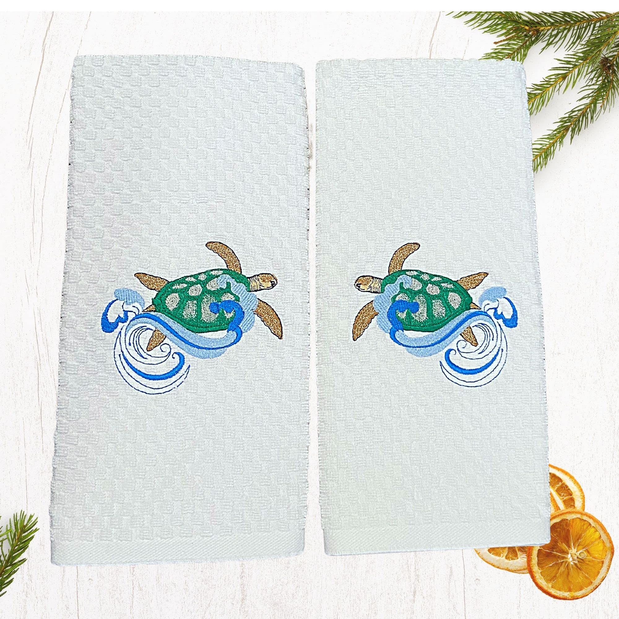 Sea Turtle Embroidered Kitchen Towel Set - Absorbent Cotton Dish Towels for Drying Dishes & Cleaning - Perfect Eco-Friendly Housewarming Gift for Beach Lovers & Coastal Home Decor